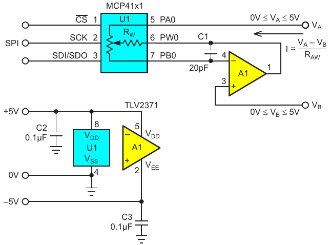Op-amp A1 actively drives digital pot U1 wiper terminal PW0 to force V sub PBO /sub  = V sub B /sub  while drawing negligible current through resistance R sub WB /sub , thus cancelling the effect of R sub W /sub 