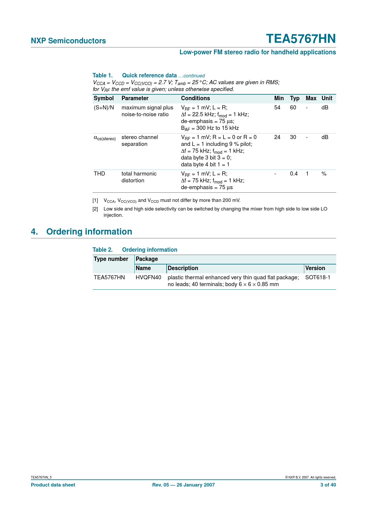 NXP Semiconductors TEA5767HN Low-power FM stereo radio for handheld applications Table 1 Quick reference data Symbol