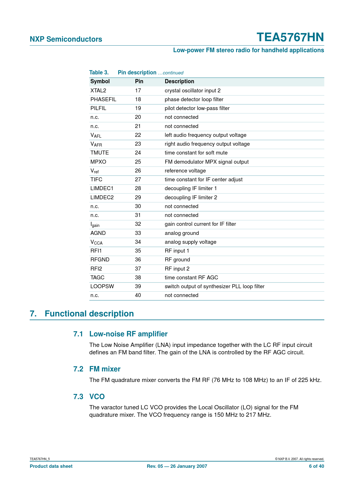 NXP Semiconductors TEA5767HN Low-power FM stereo radio for handheld applications Table 3 Pin description Symbol Pin