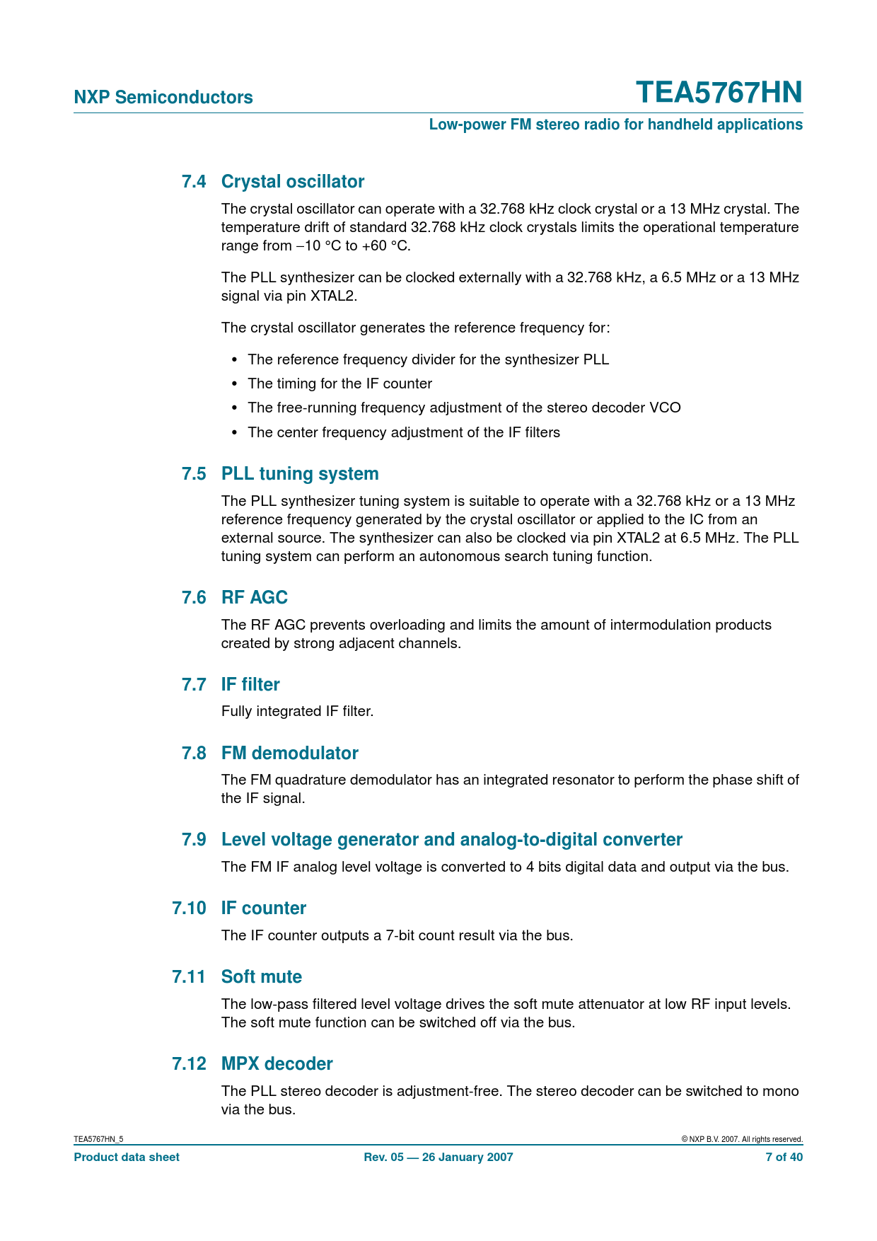 NXP Semiconductors TEA5767HN Low-power FM stereo radio for handheld applications 7.4 Crystal oscillator