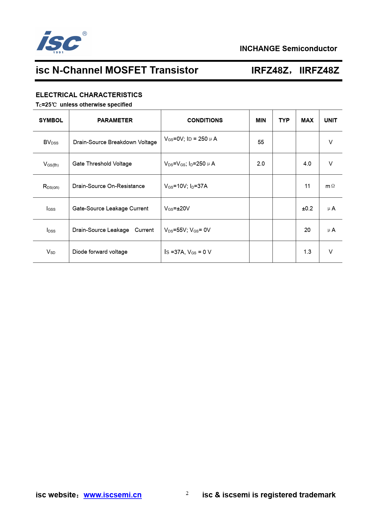 INCHANGE Semiconductor isc N-Channel MOSFET Transistor IRFZ48Z IIRFZ48Z ELECTRICAL CHARACTERISTICS TC=25