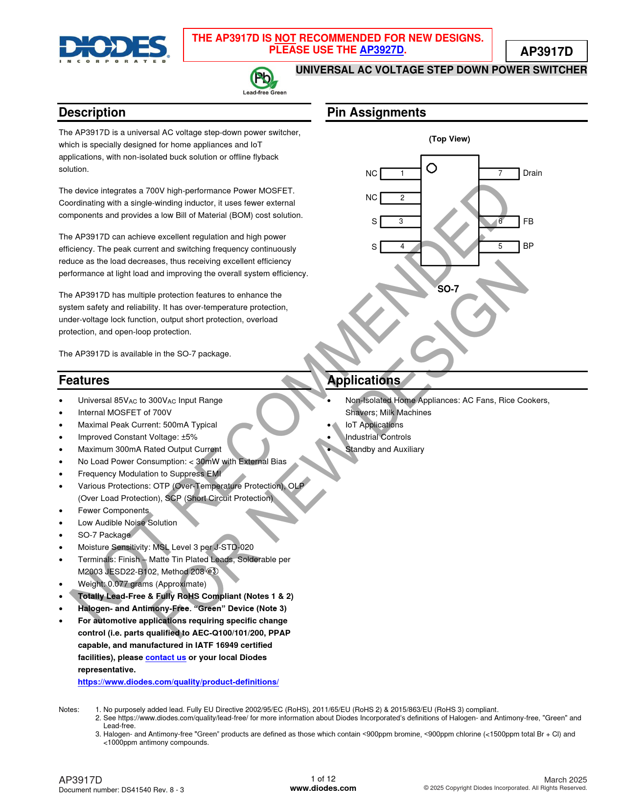 Datasheet AP3917D Diodes