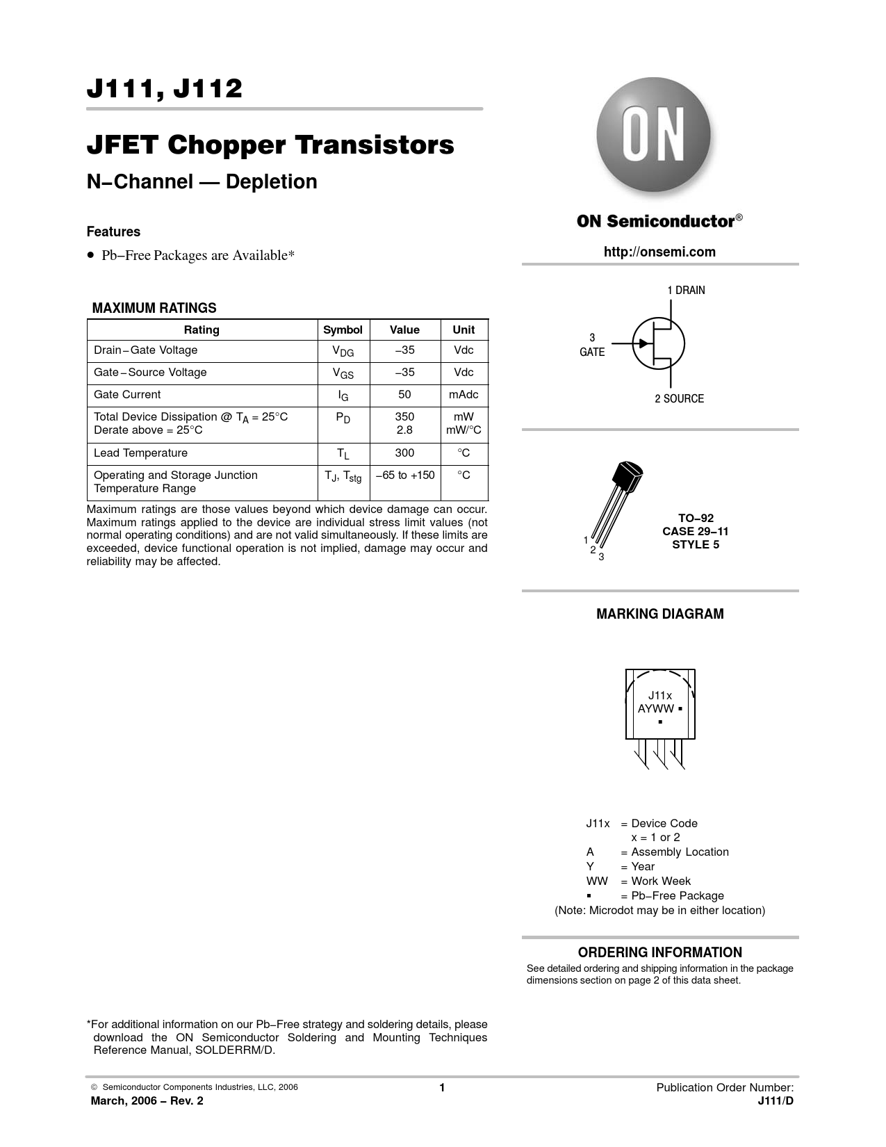 Datasheet J111, J112 ON Semiconductor