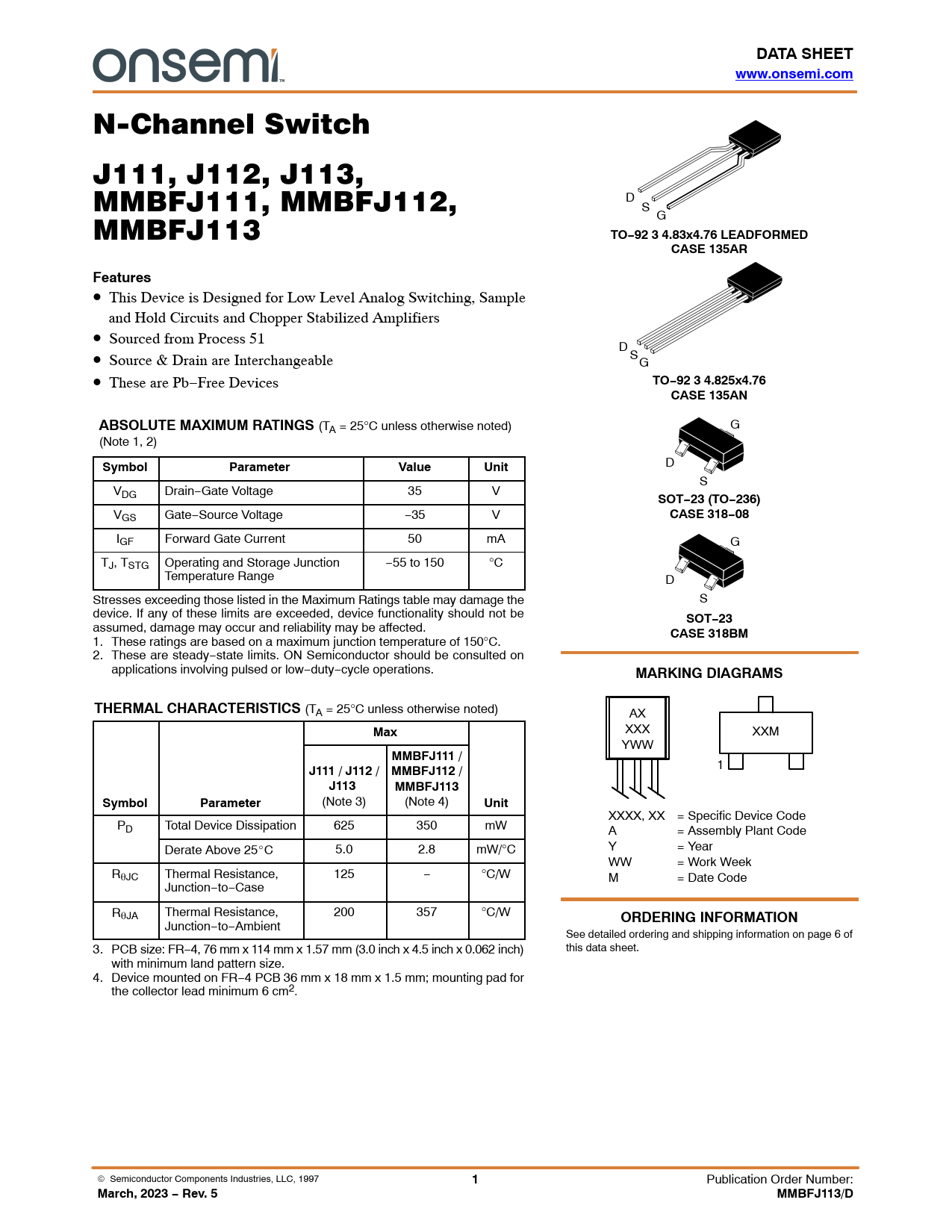 Datasheet J111, J112, J113, MMBFJ111, MMBFJ112, MMBFJ113 ON Semiconductor