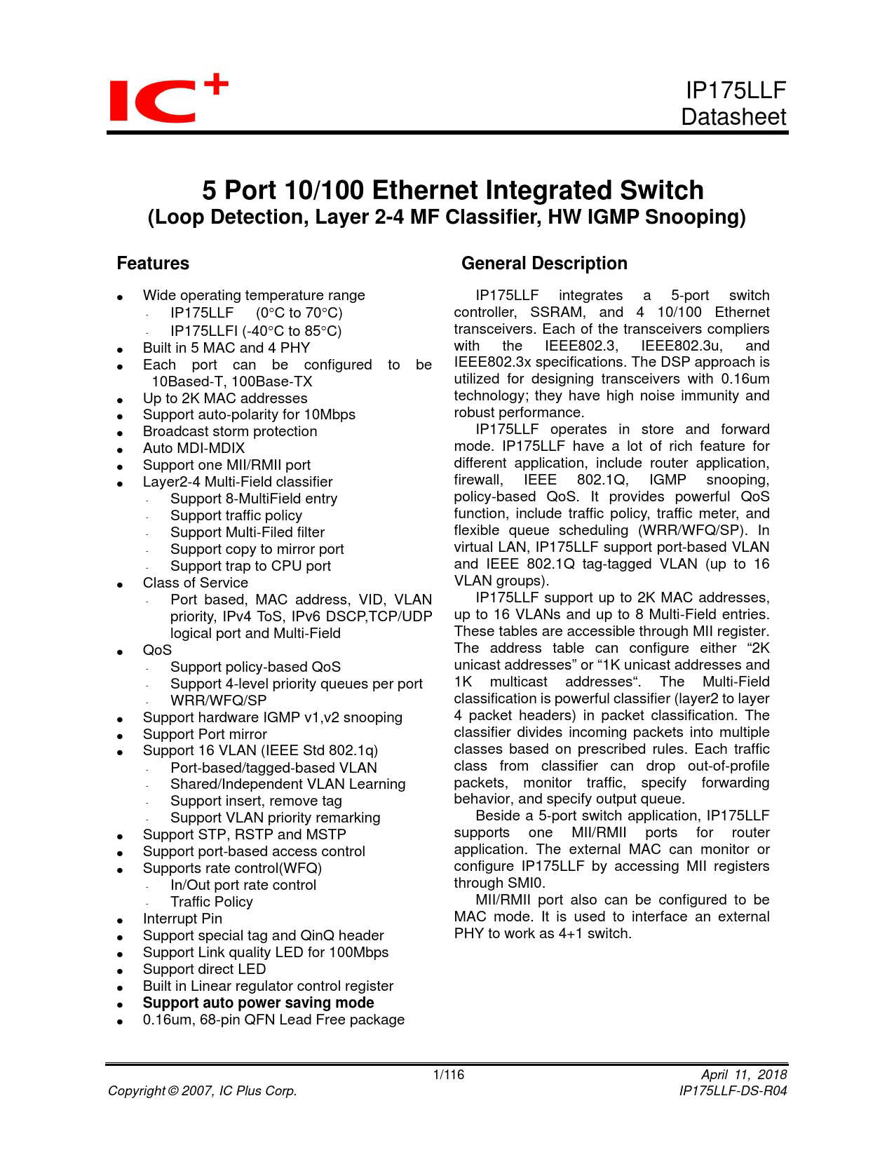 Datasheet IP175LLF IC Plus