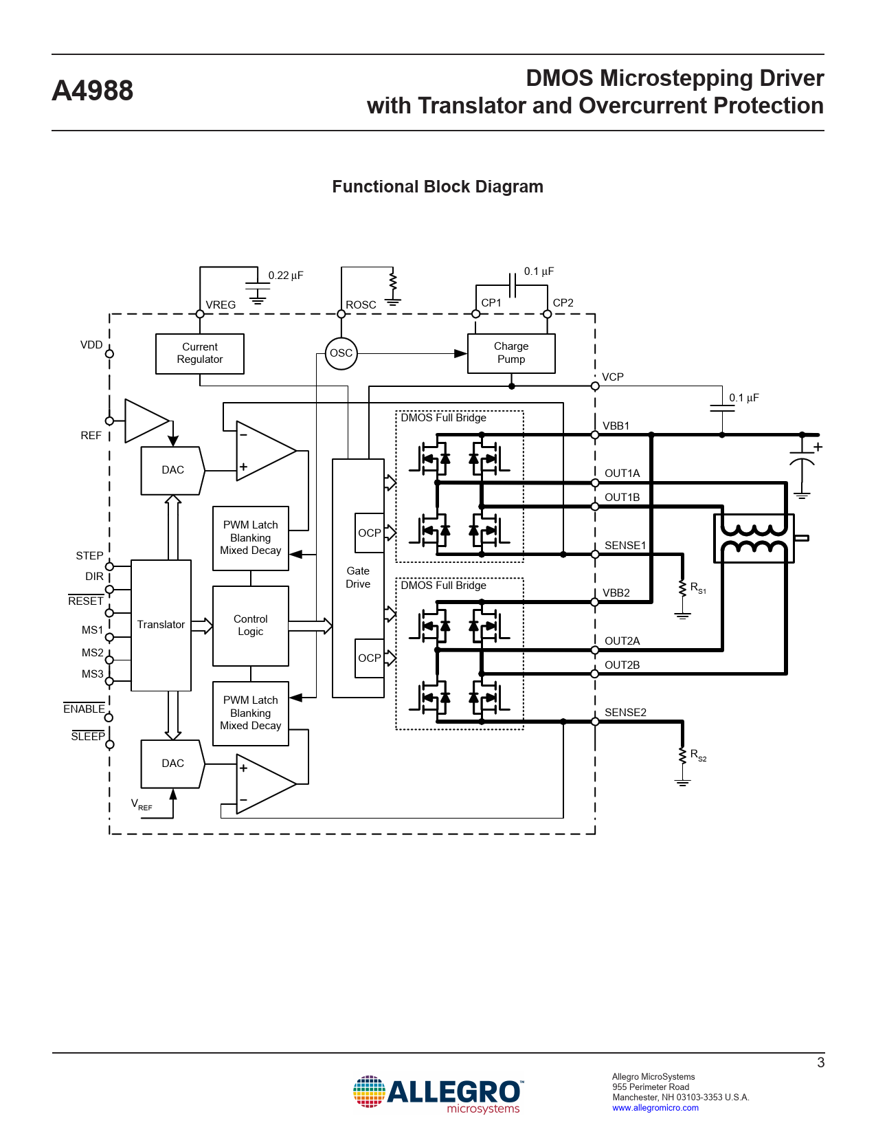 DMOS Microstepping Driver A4988 with Translator and Overcurrent Protection Functional Block Diagram