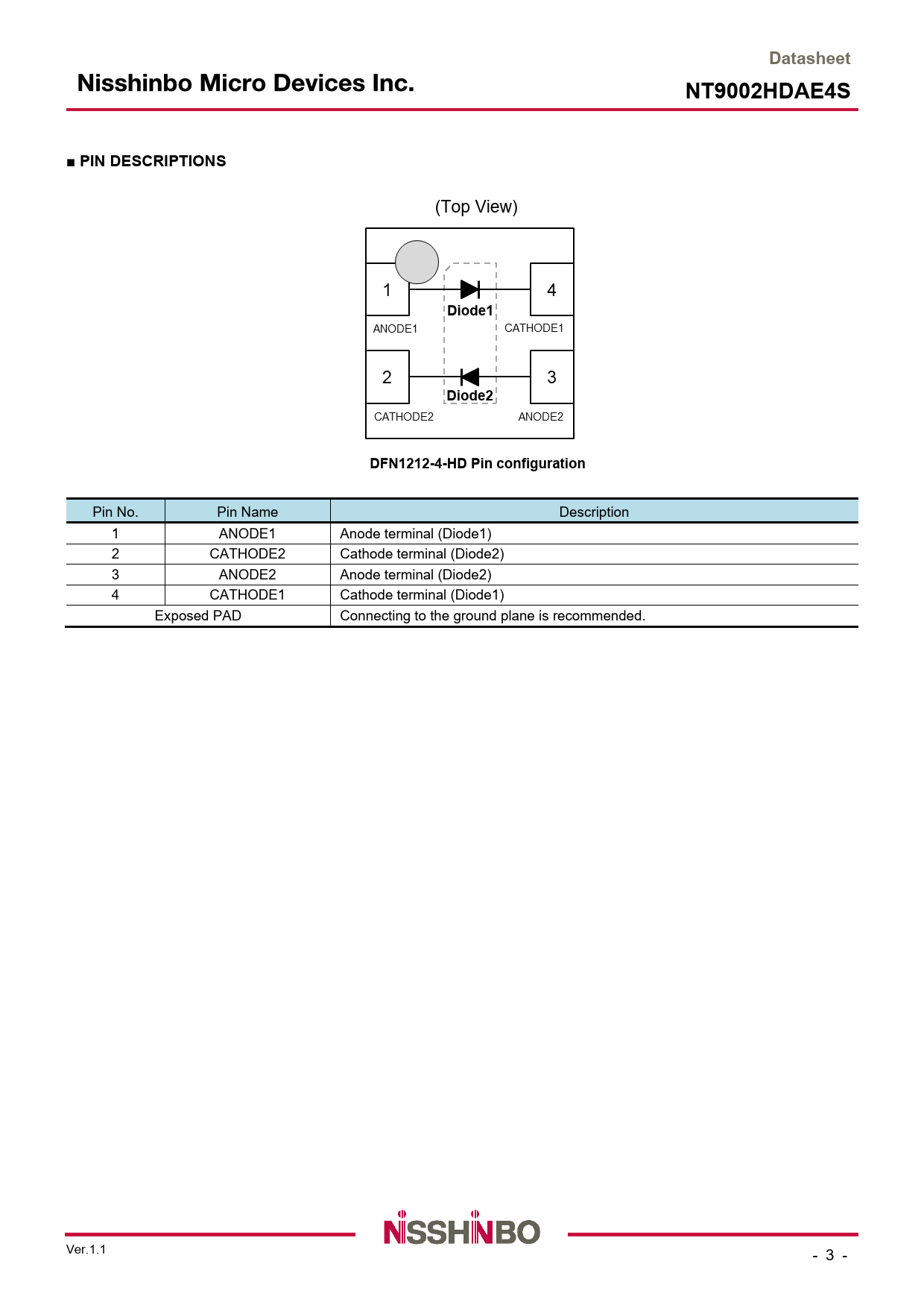 Datasheet NT9002HDAE4S ■ PIN DESCRIPTIONS Diode1 Diode2 DFN1212-4-HD Pin configuration