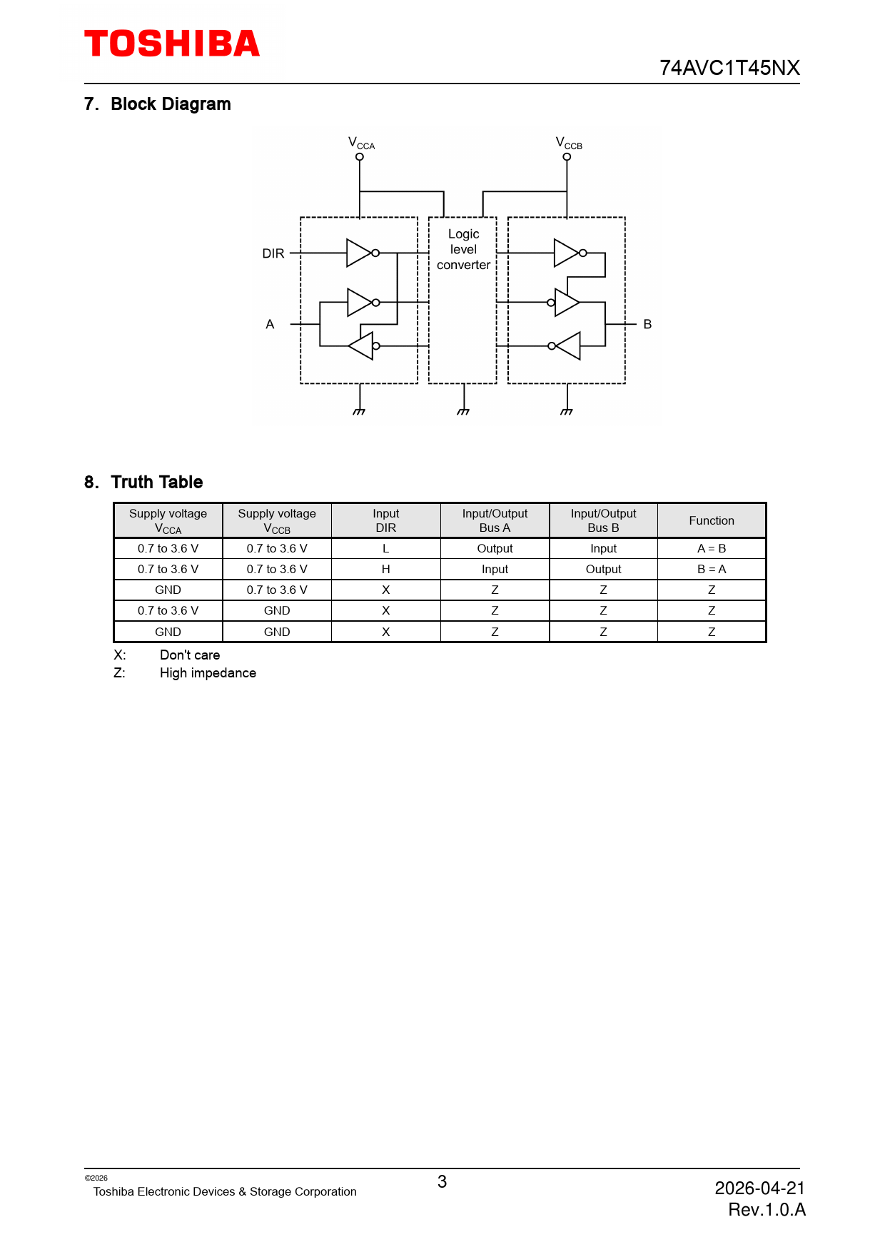 74AVC1T45NX 7 Block Diagram 8 Truth Table Supply voltage Supply voltage Input Input/Output Input/Output Function VCCA VCCB DIR Bus A Bus B