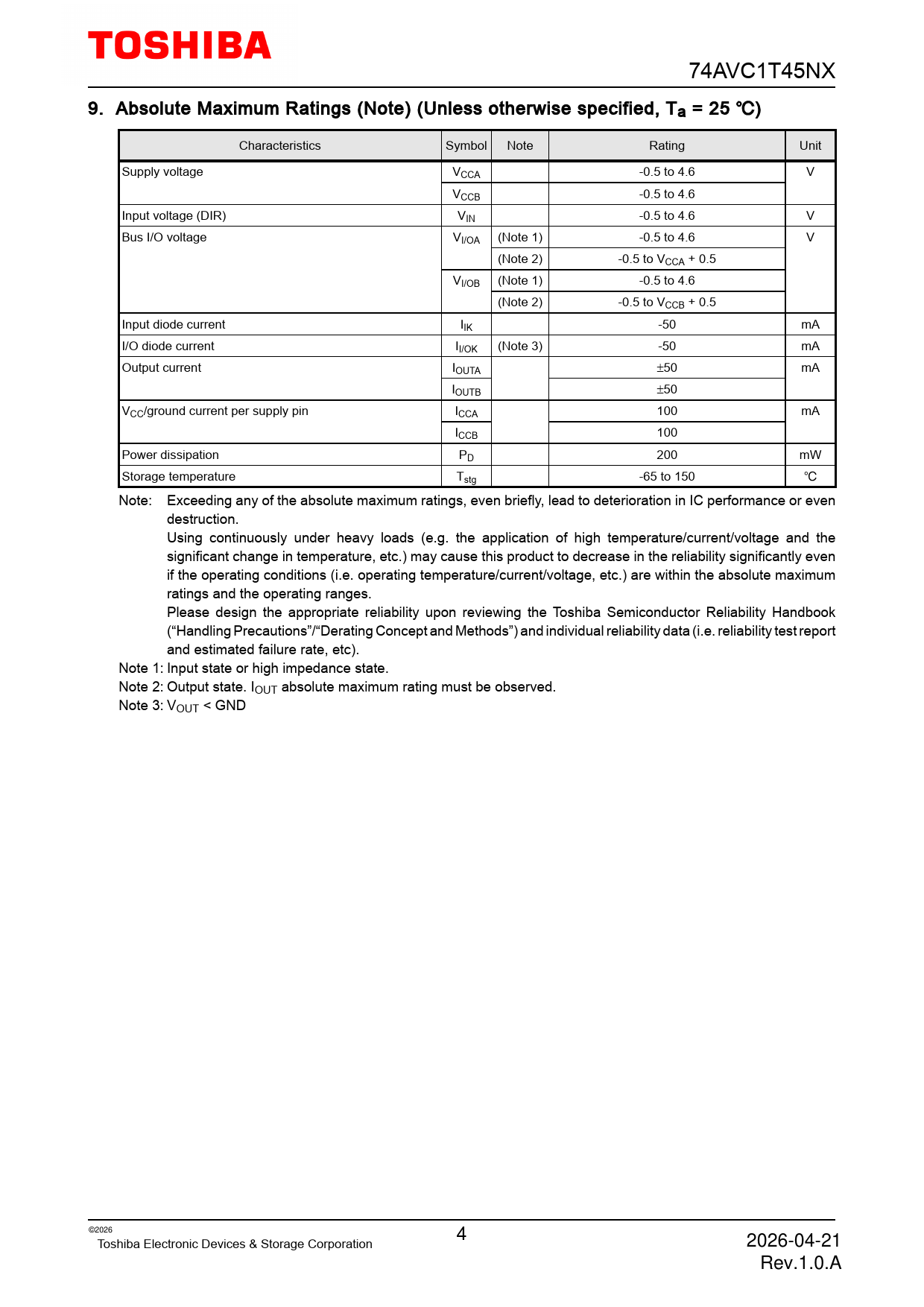 74AVC1T45NX 9 Absolute Maximum Ratings (Note) (Unless otherwise specified, Ta = 25 �) Characteristics Symbol Note Rating Unit Supply