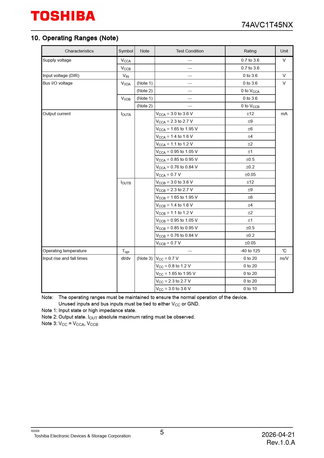 74AVC1T45NX 10 Operating Ranges (Note) Characteristics Symbol Note Test Condition Rating Unit Supply voltage VCCA � 0.7 to 3.6 V VCCB � 0.7 to