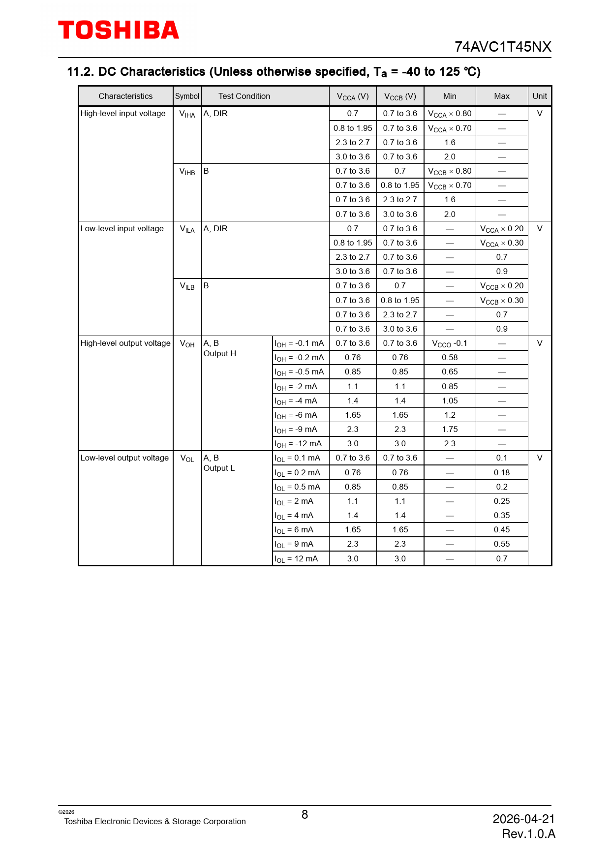74AVC1T45NX 11.2 DC Characteristics (Unless otherwise specified, Ta = -40 to 125 �) Characteristics Symbol Test Condition VCCA (V) VCCB (V)