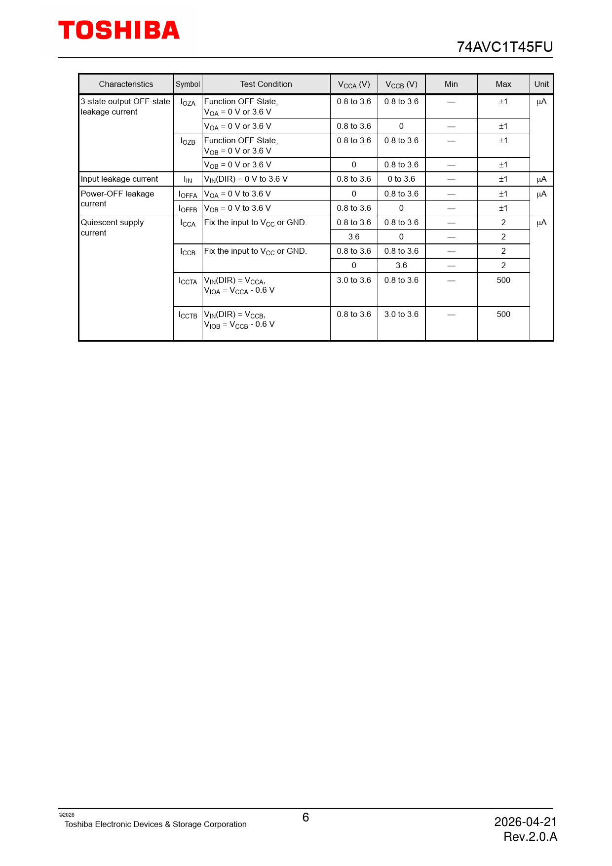 74AVC1T45FU Characteristics Symbol Test Condition VCCA (V) VCCB (V) Min Max Unit 3-state output OFF-state IOZA Function OFF State, 0.8 to