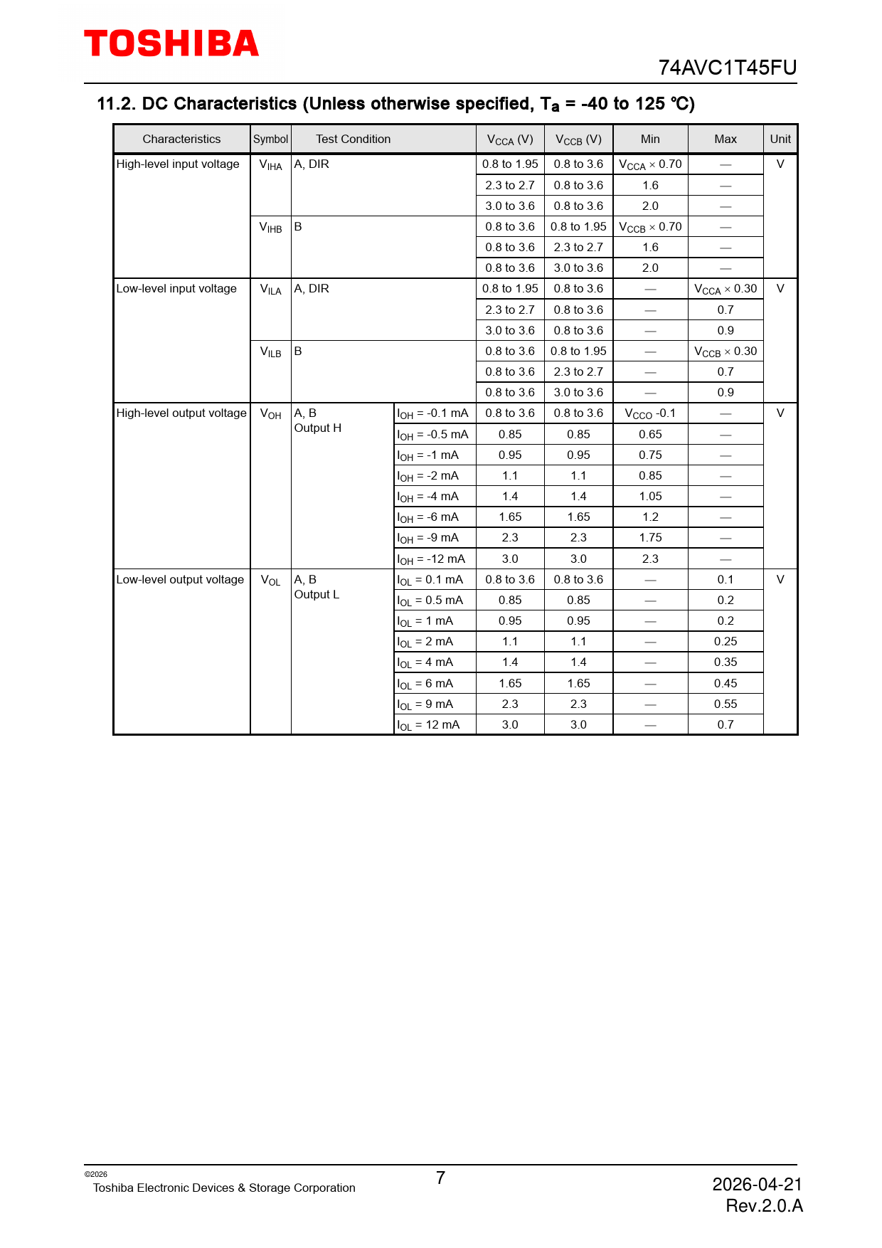 74AVC1T45FU 11.2 DC Characteristics (Unless otherwise specified, Ta = -40 to 125 �) Characteristics Symbol Test Condition VCCA (V) VCCB (V)