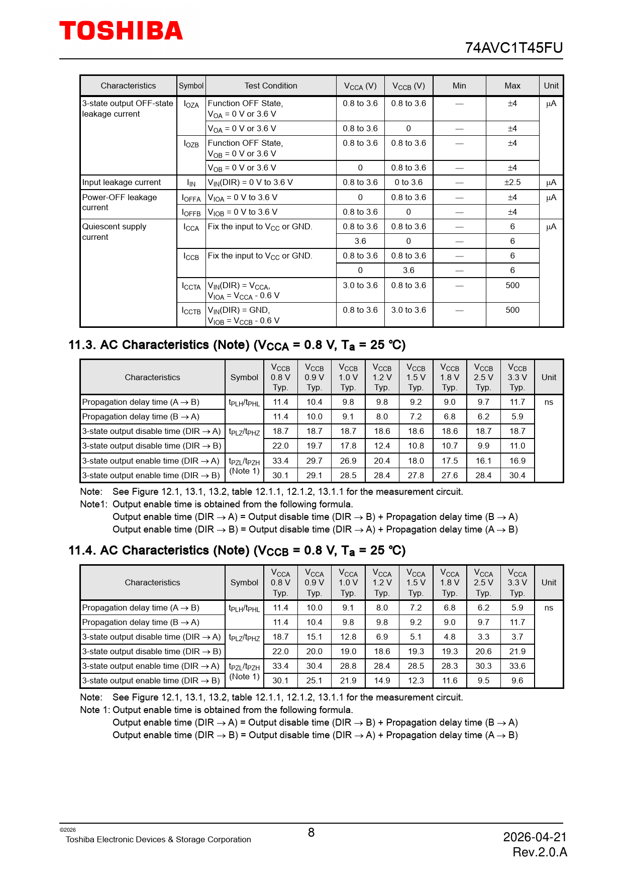 74AVC1T45FU Characteristics Symbol Test Condition VCCA (V) VCCB (V) Min Max Unit 3-state output OFF-state IOZA Function OFF State, 0.8 to