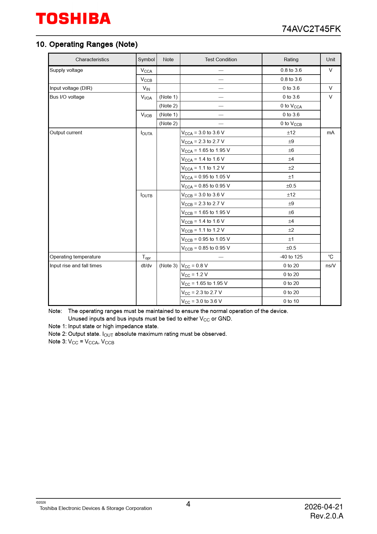 74AVC2T45FK 10 Operating Ranges (Note) Characteristics Symbol Note Test Condition Rating Unit Supply voltage VCCA � 0.8 to 3.6 V VCCB � 0.8 to