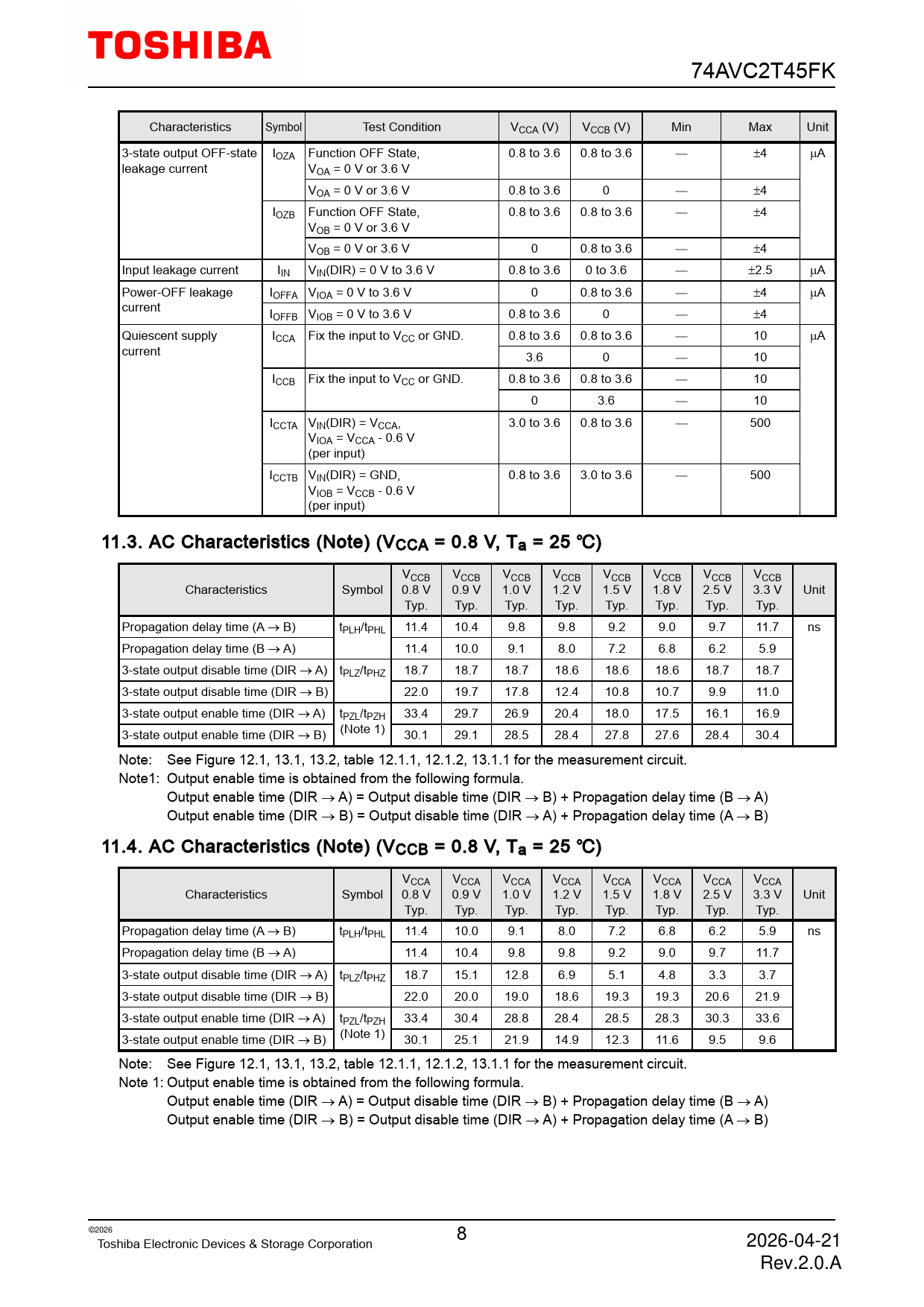 74AVC2T45FK Characteristics Symbol Test Condition VCCA (V) VCCB (V) Min Max Unit 3-state output OFF-state IOZA Function OFF State, 0.8 to