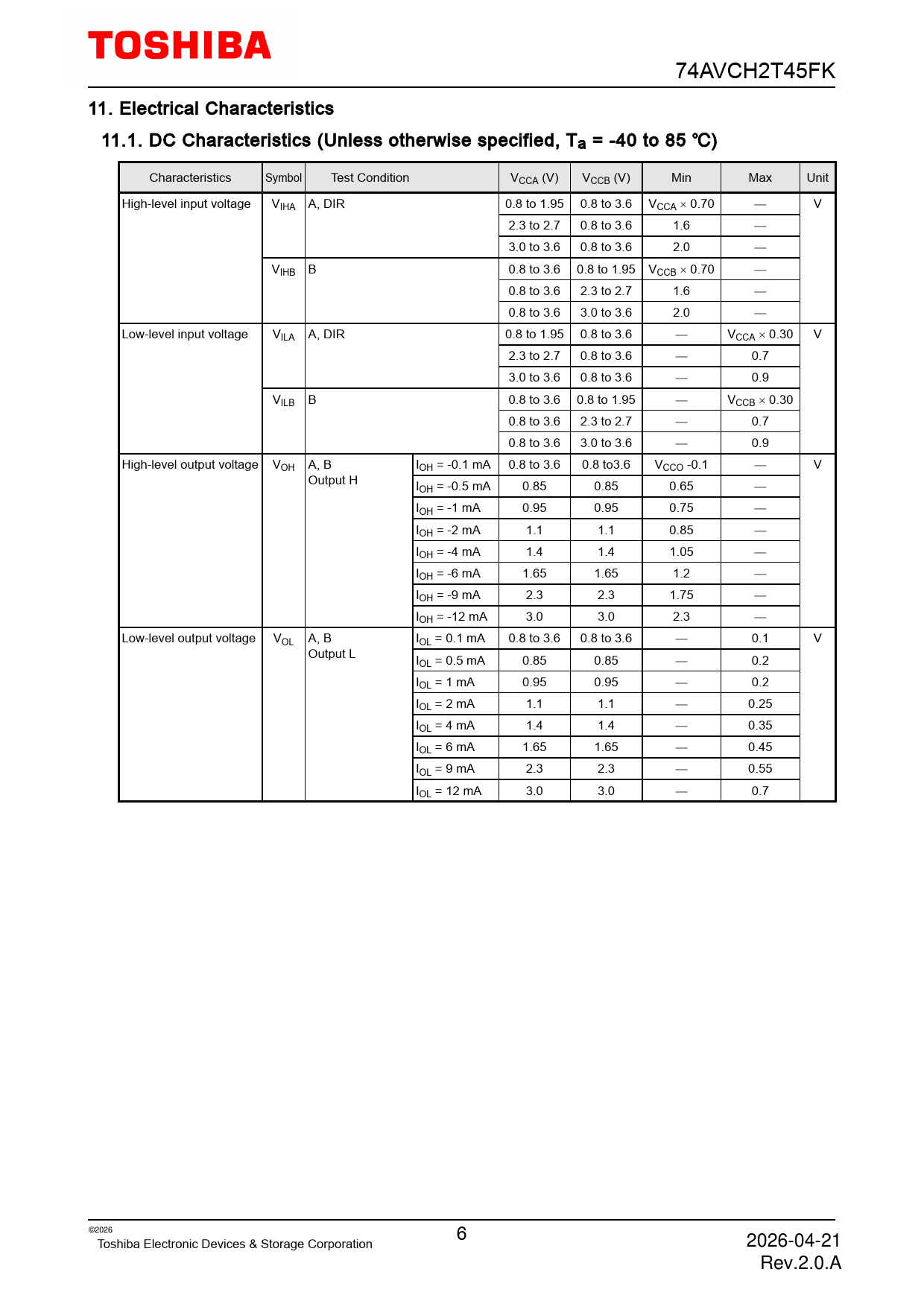 74AVCH2T45FK 11 Electrical Characteristics 11.1 DC Characteristics (Unless otherwise specified, Ta = -40 to 85 �) Characteristics Symbol
