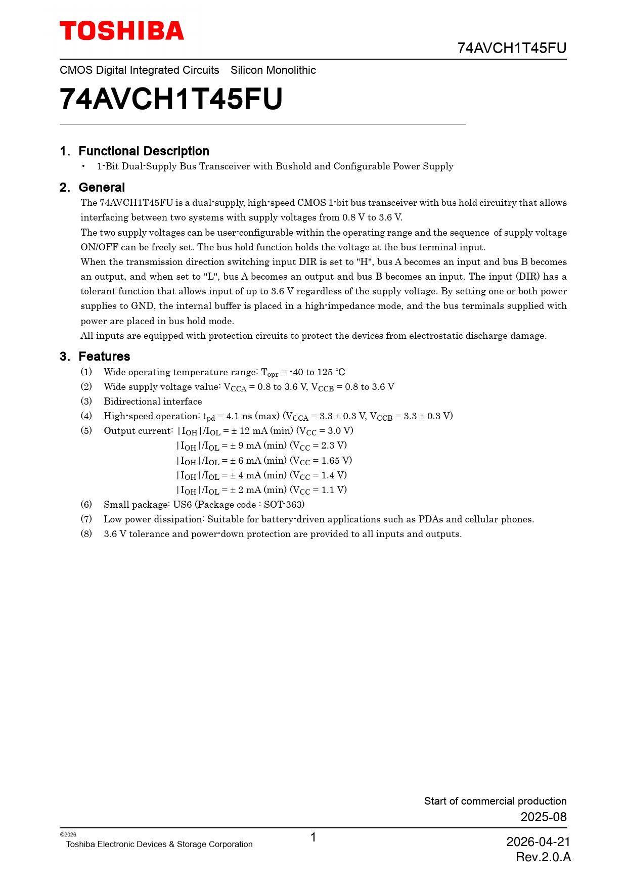 Datasheet 74AVCH1T45FU Toshiba