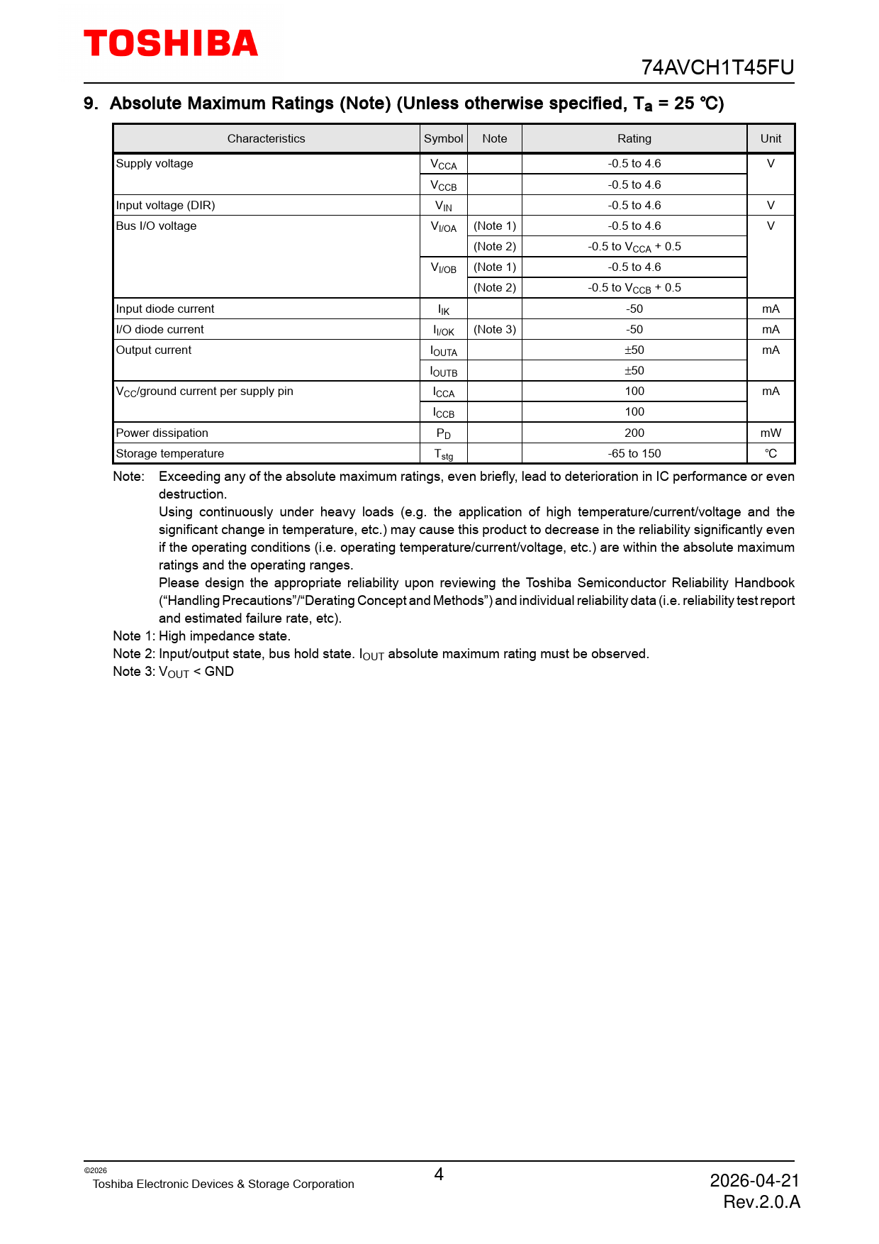 74AVCH1T45FU 9 Absolute Maximum Ratings (Note) (Unless otherwise specified, Ta = 25 �) Characteristics Symbol Note Rating Unit Supply