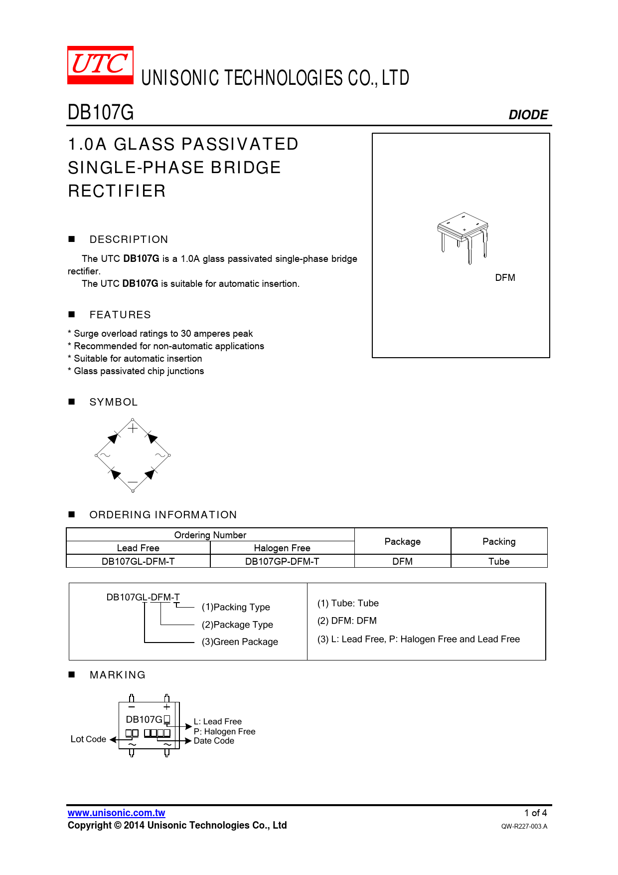Datasheet DB107G Unisonic Technologies