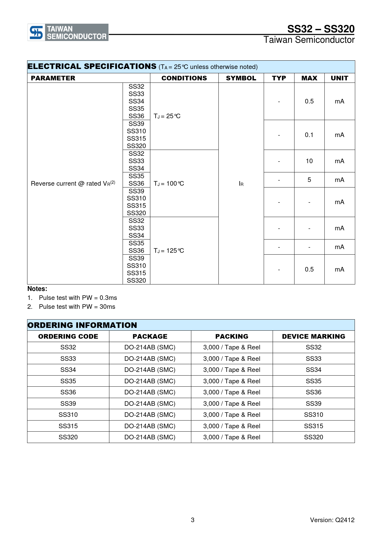 SS32 – SS320 ELECTRICAL SPECIFICATIONS PARAMETER CONDITIONS SYMBOL TYP MAX UNIT Notes: ORDERING INFORMATION ORDERING CODE PACKAGE