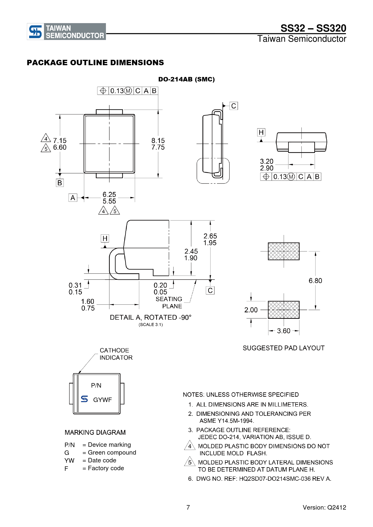 SS32 – SS320 PACKAGE OUTLINE DIMENSIONS DO-214AB (SMC)
