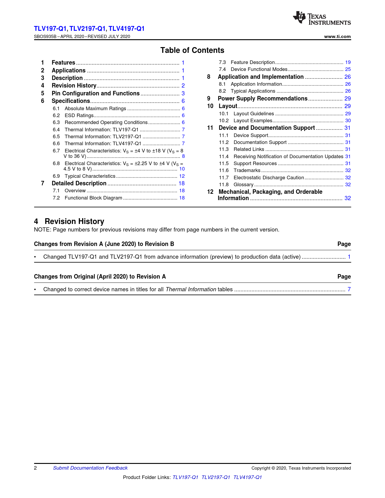 TLV197-Q1 , TLV2197-Q1 , TLV4197-Q1 www.ti.com Table of Contents Features Applications Description