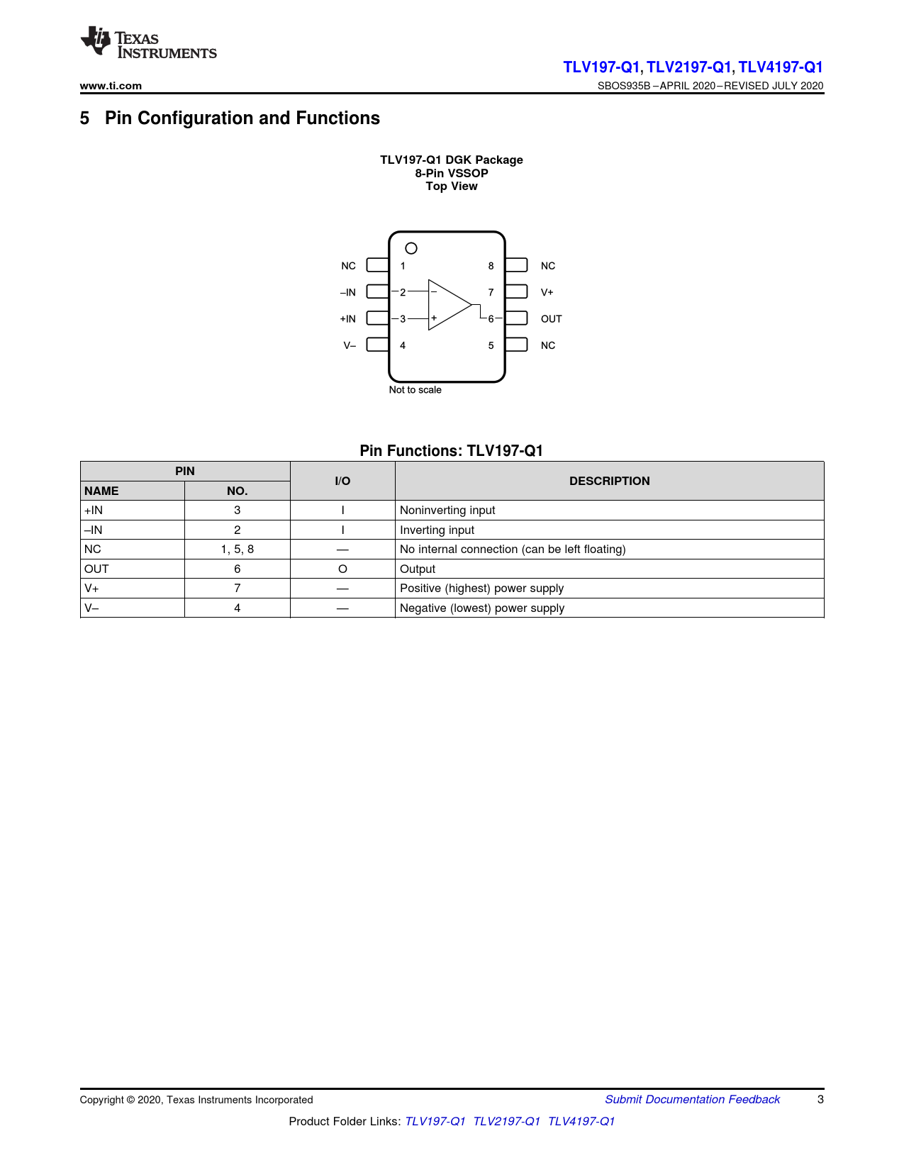 TLV197-Q1 , TLV2197-Q1 , TLV4197-Q1 www.ti.com 5 Pin Configuration and Functions TLV197-Q1 DGK Package 8-Pin VSSOP Top View