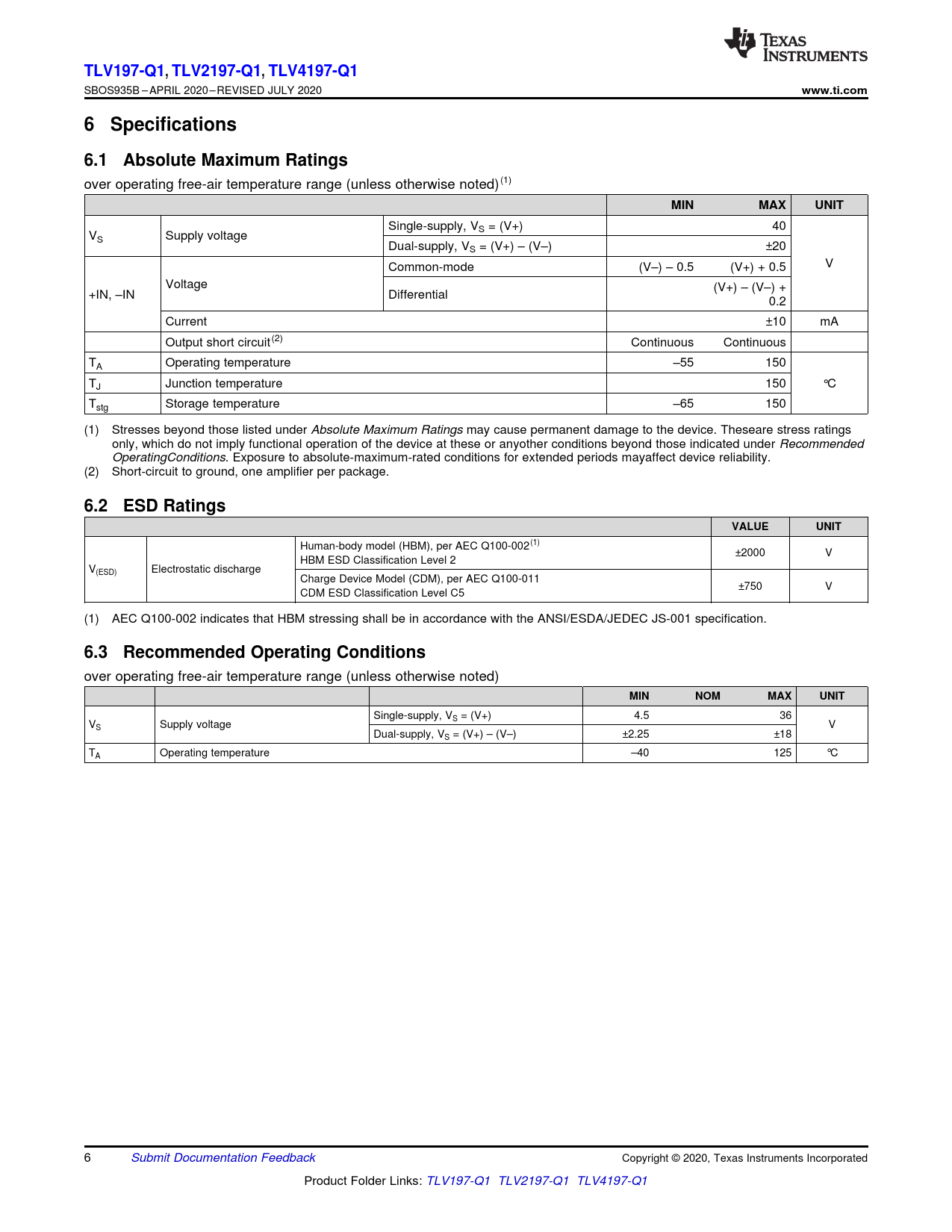 TLV197-Q1 , TLV2197-Q1 , TLV4197-Q1 www.ti.com 6 Specifications 6.1 Absolute Maximum Ratings MIN MAX UNIT 6.2 ESD Ratings VALUE