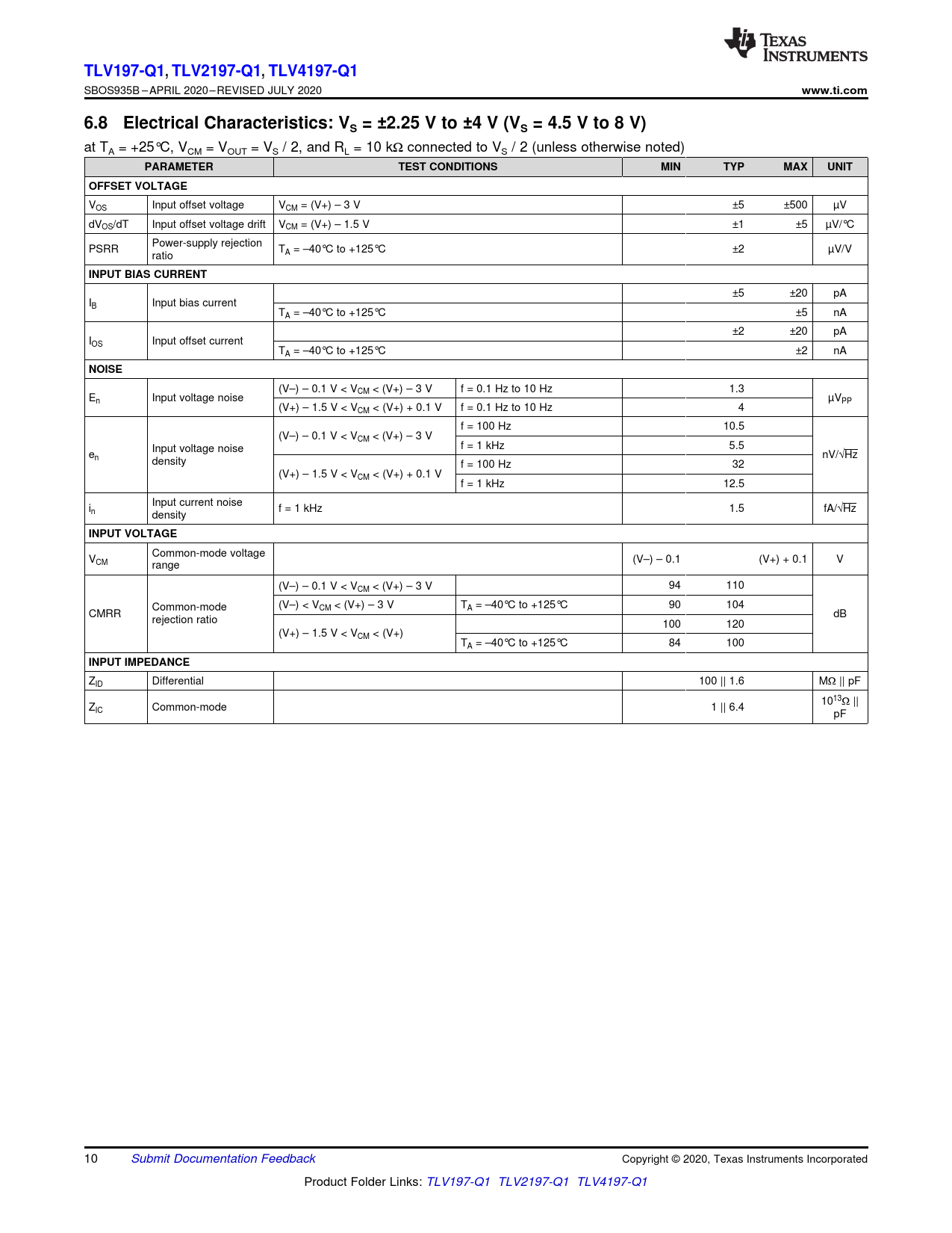 TLV197-Q1 , TLV2197-Q1 , TLV4197-Q1 www.ti.com 6.8 Electrical Characteristics: VS = ±2.25 V to ±4 V (VS = 4.5 V to 8 V)