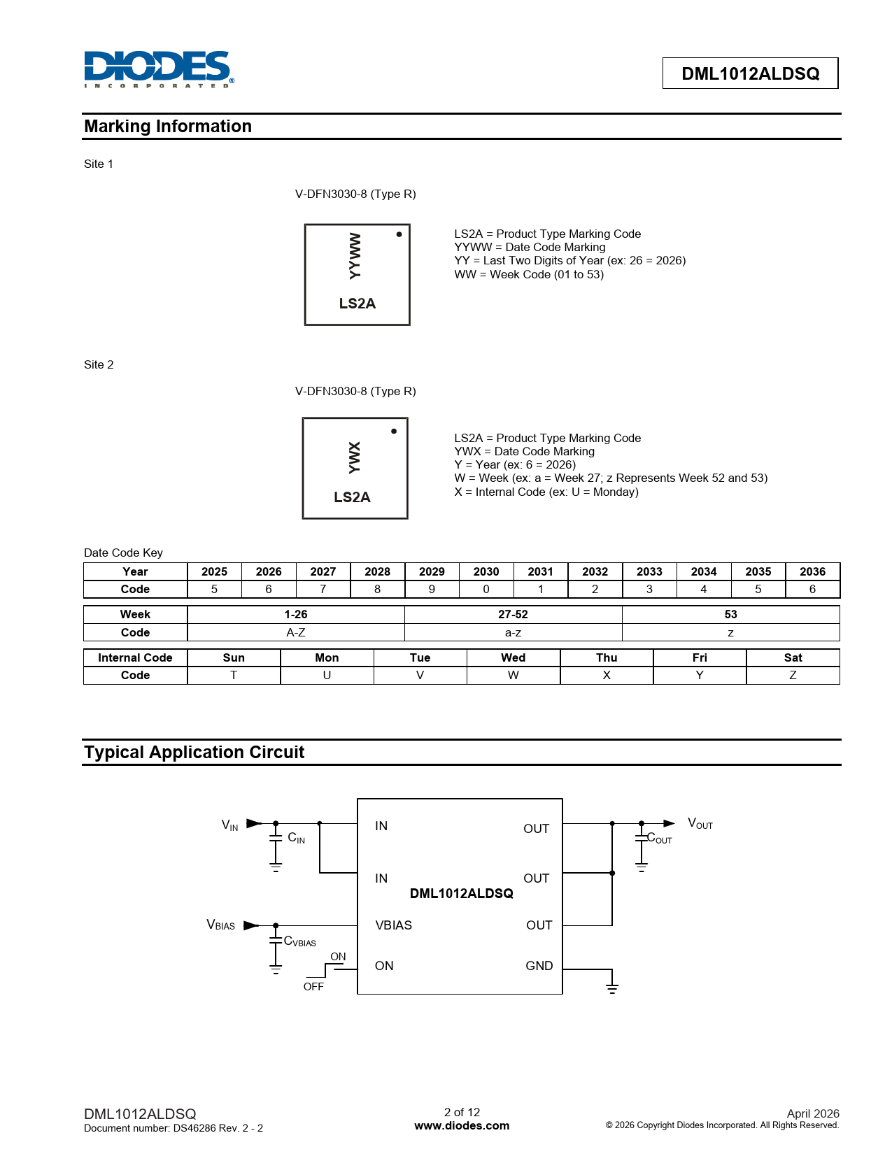 DML1012ALDSQ Marking Information LS2A Year 2025 2026 2027 2028 2029 2030 2031 2032 2033 2034 2035 2036 Code Week 1-26 27-52 Internal Code