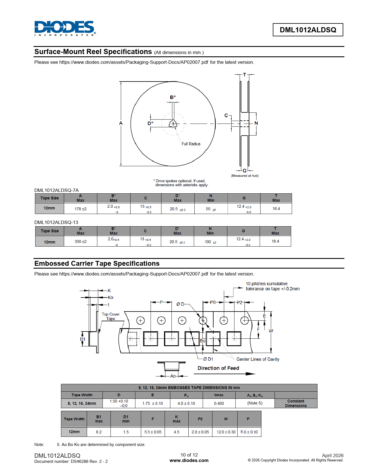 DML1012ALDSQ Surface-Mount Reel Specifications Embossed Carrier Tape Specifications www.diodes.com