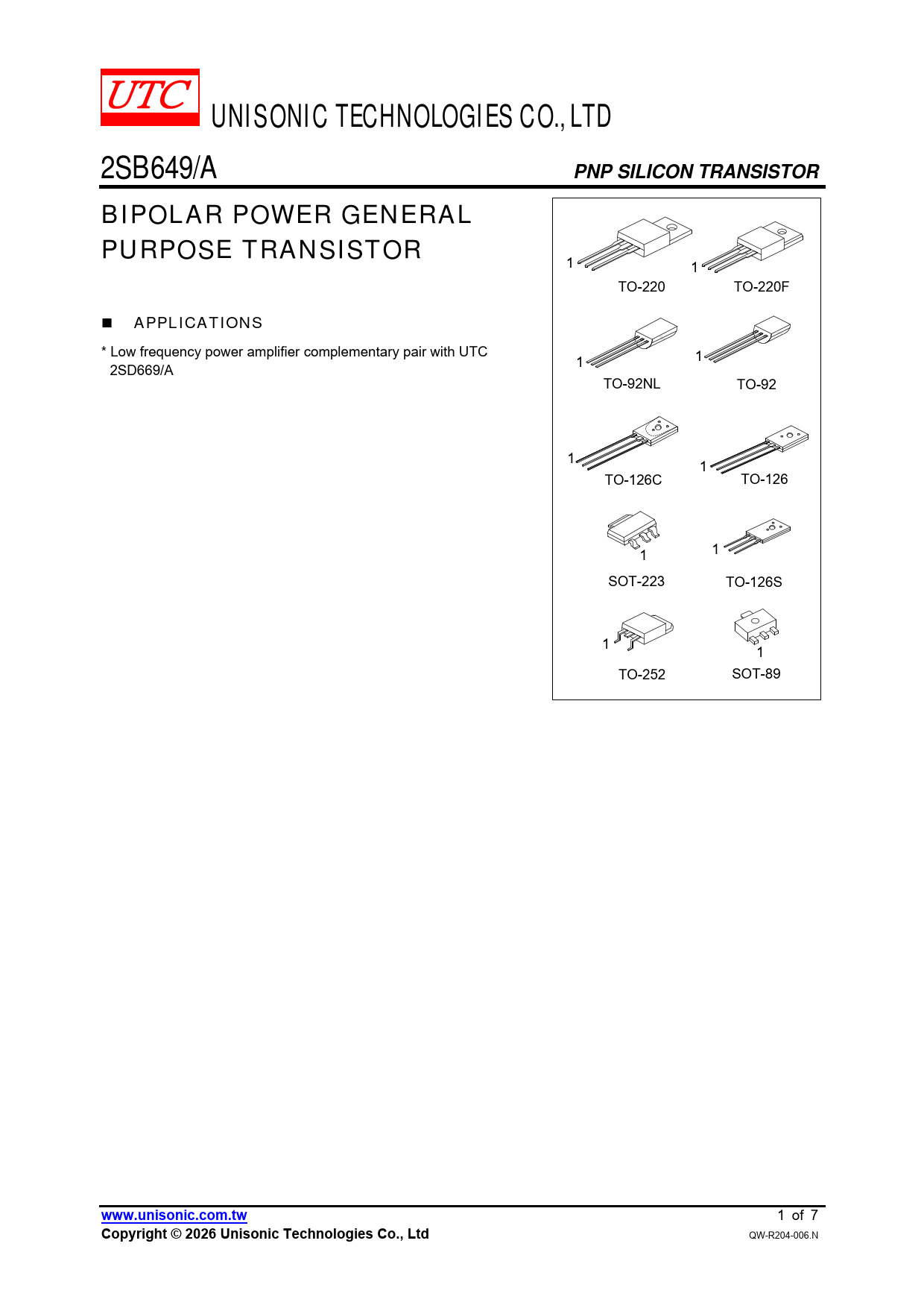 Datasheet 2SB649 Unisonic Technologies