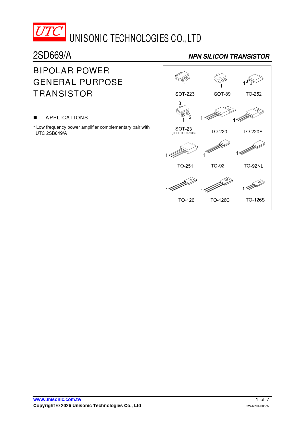 Datasheet 2SD669 Unisonic Technologies