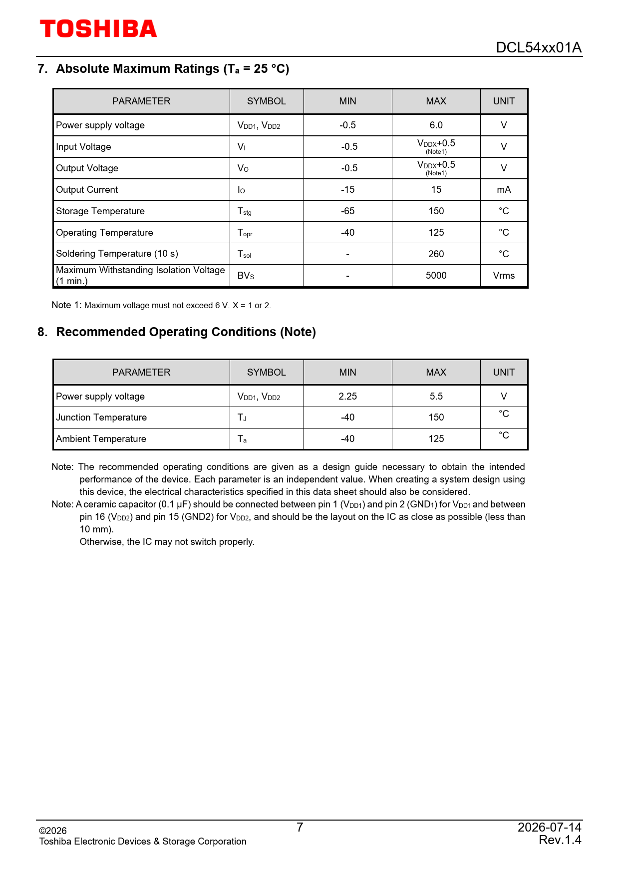 7 Absolute Maximum Ratings (Ta = 25 °C) 8 Recommended Operating Conditions (Note)