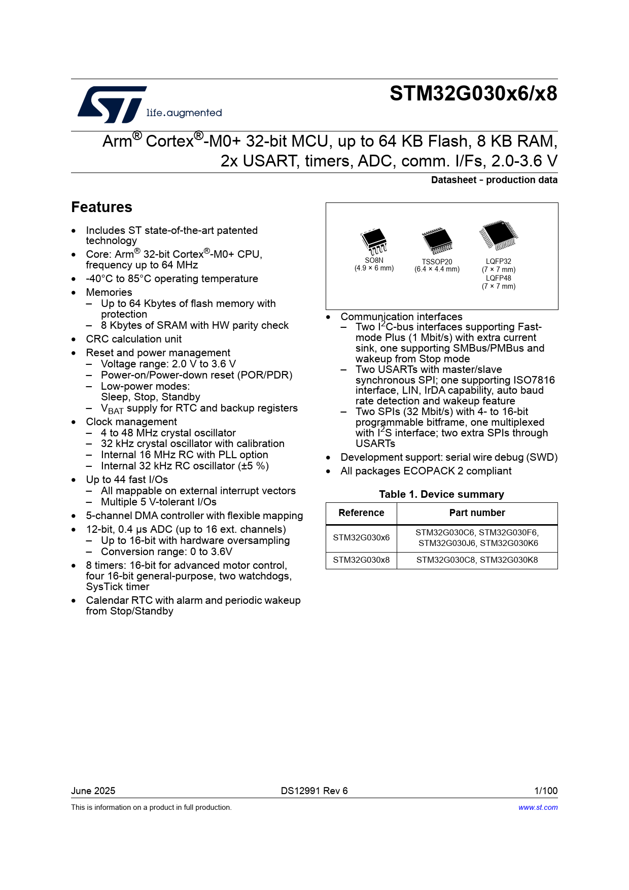 Datasheet STM32G030x6, STM32G030x8 STMicroelectronics