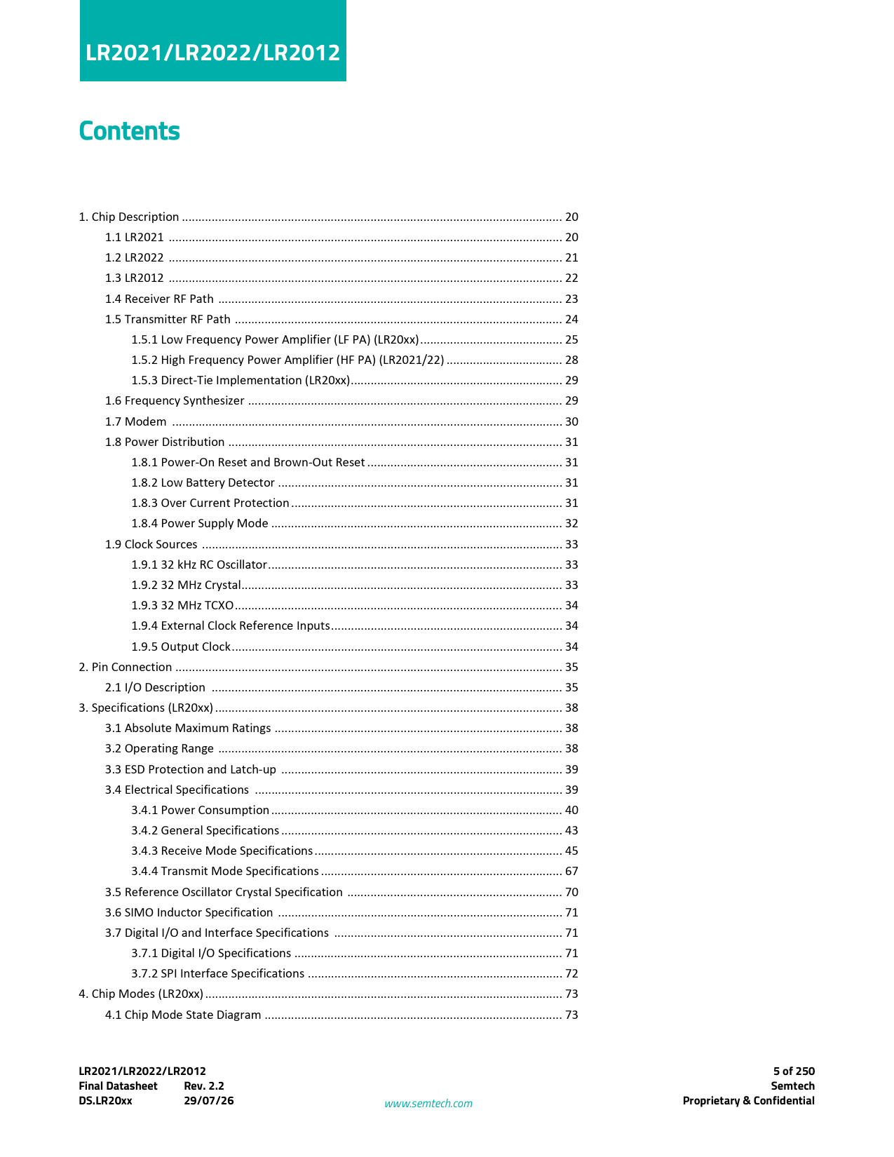 LR2021/LR2022/LR2012 Contents 5 of 250 Final Datasheet Rev 2.2 Semtech DS.LR20xx 29/07/26 Proprietary & Confidential
