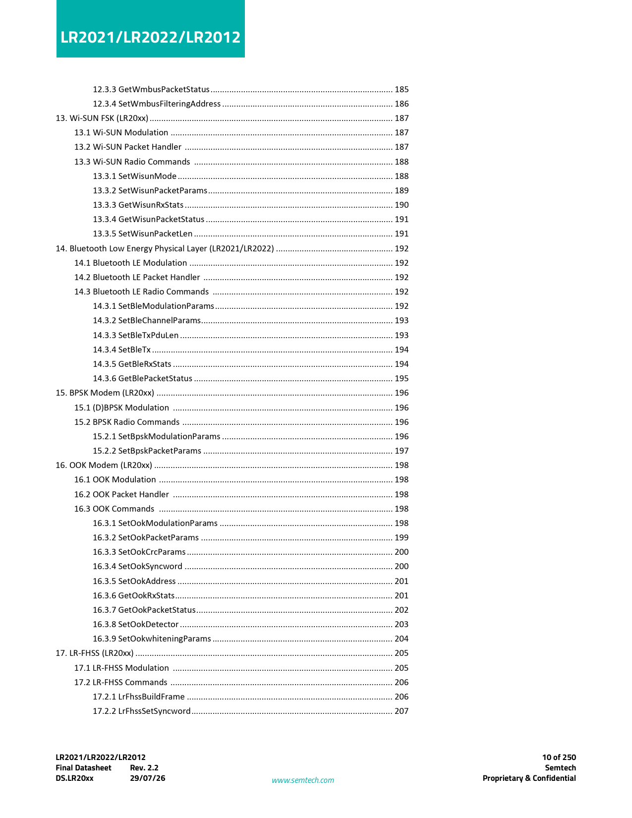 LR2021/LR2022/LR2012 10 of 250 Final Datasheet Rev 2.2 Semtech DS.LR20xx 29/07/26 Proprietary & Confidential
