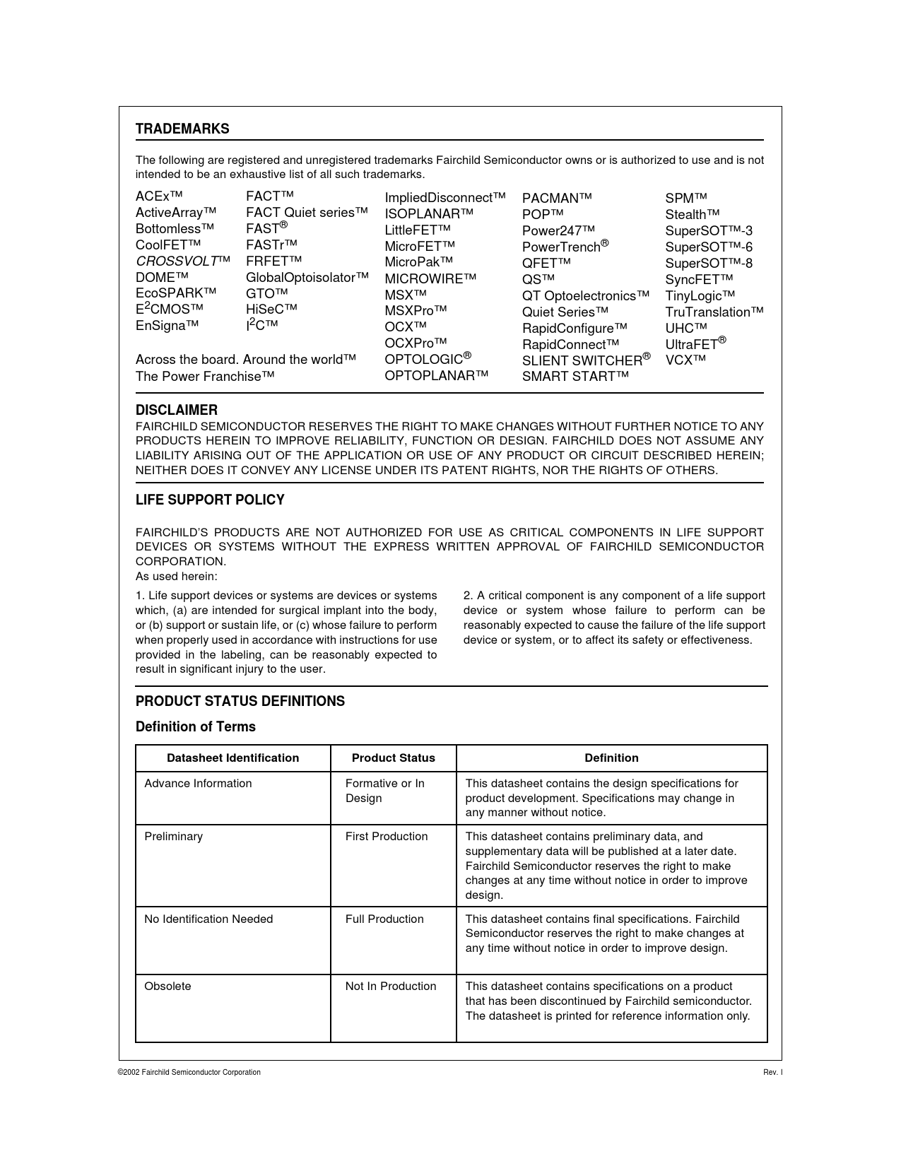 TRADEMARKS DISCLAIMER LIFE SUPPORT POLICY PRODUCT STATUS DEFINITIONS Definition of Terms Datasheet Identification