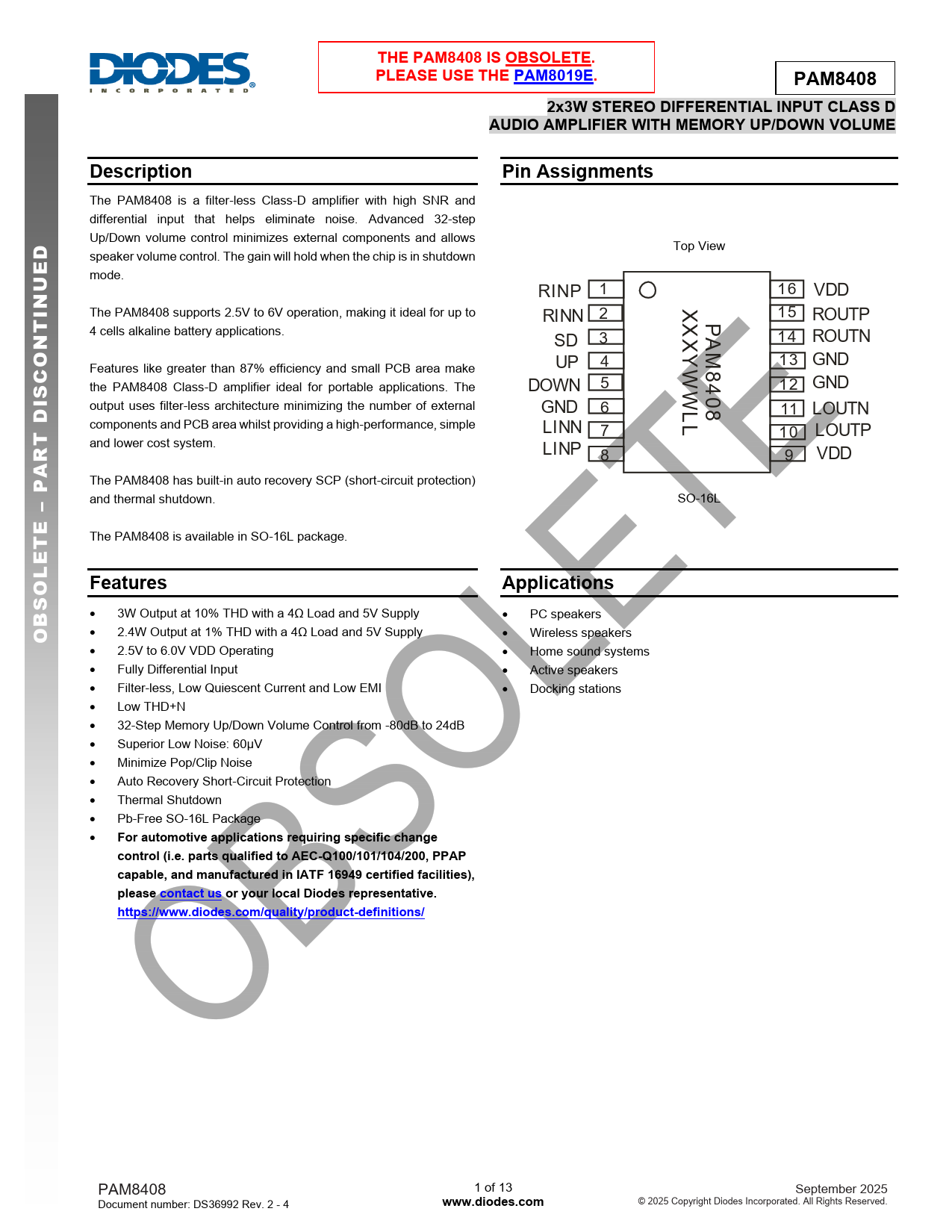 Datasheet PAM8408 Diodes