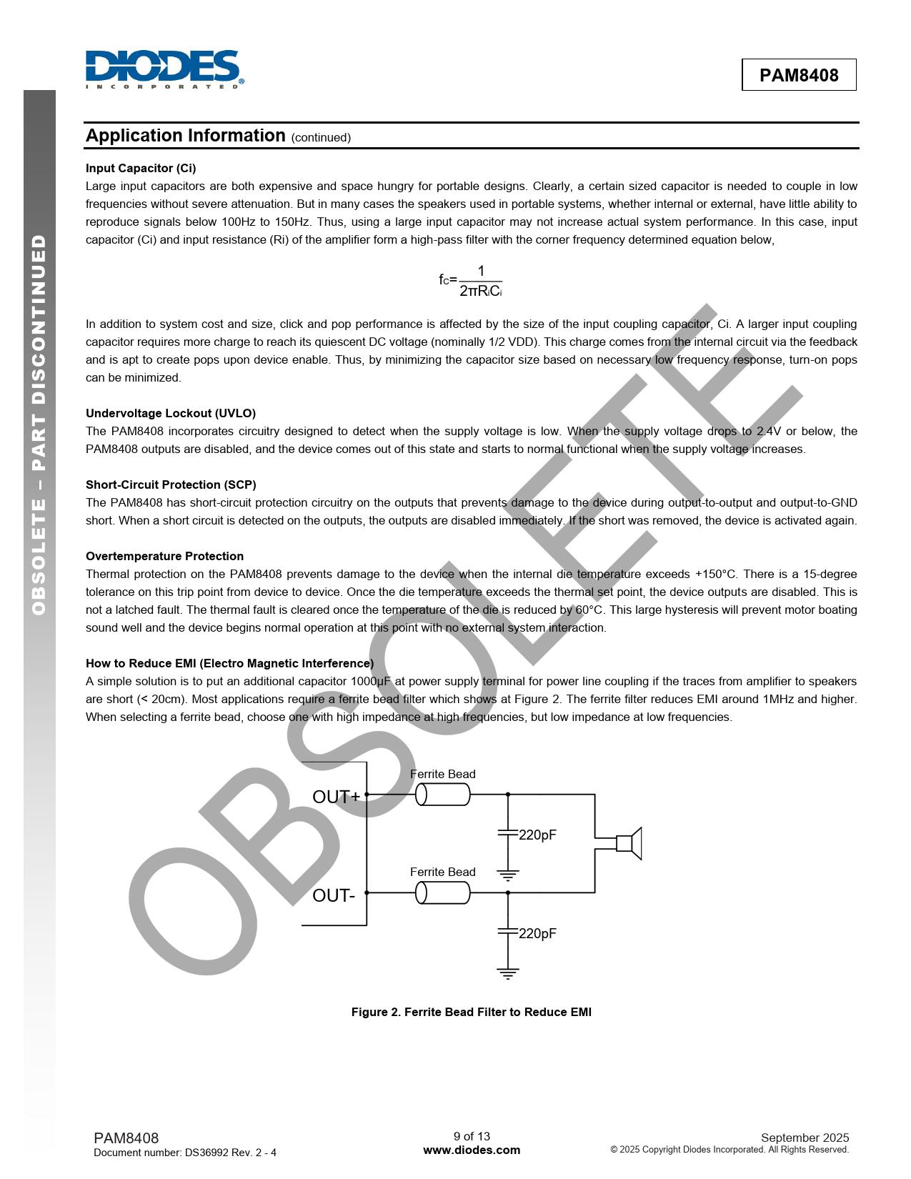 PAM8408 Application Information Input Capacitor (Ci) Undervoltage Lockout (UVLO) Short-Circuit Protection (SCP) E L
