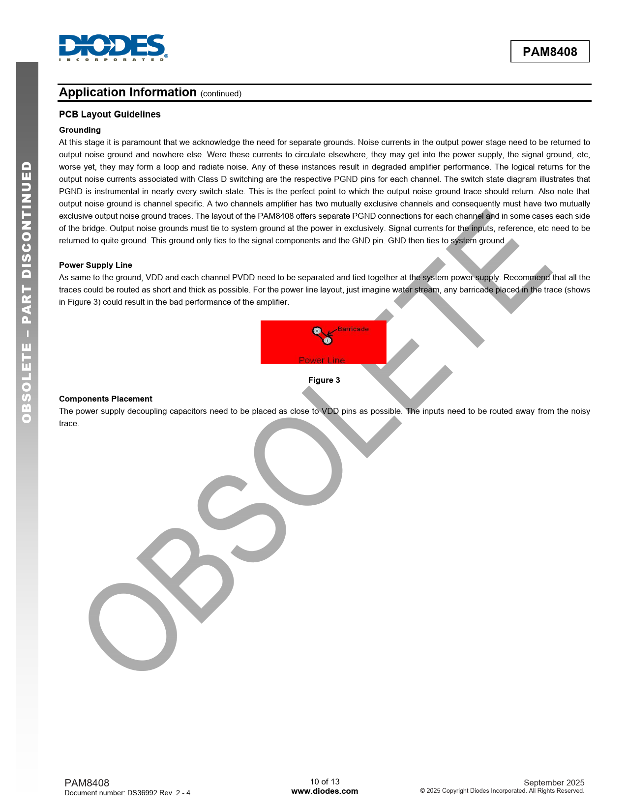 PAM8408 Application Information PCB Layout Guidelines Grounding U N O C Power Supply Line A P – E T E Figure 3