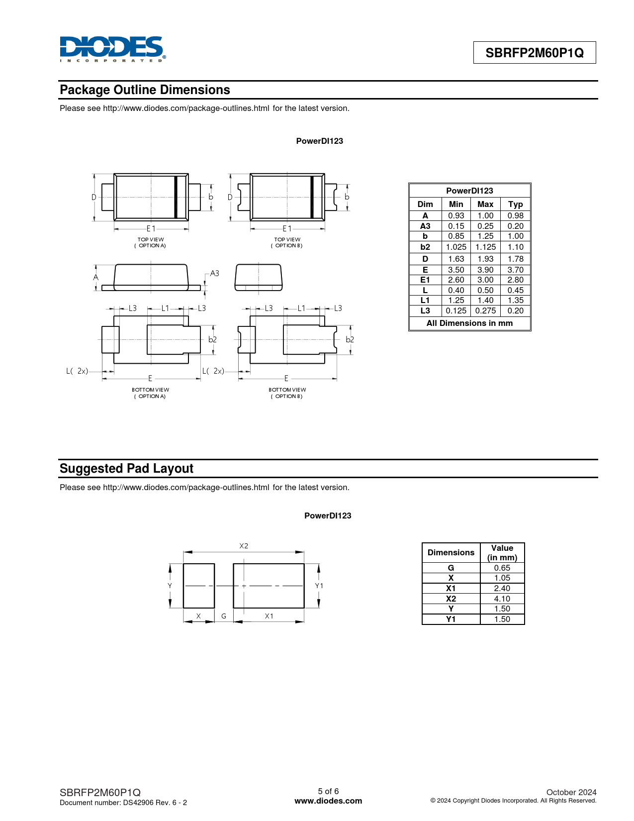 SBRFP2M60P1Q Package Outline Dimensions PowerDI123 Dim Min Max Typ All Dimensions in mm Suggested Pad Layout Value Dimensions