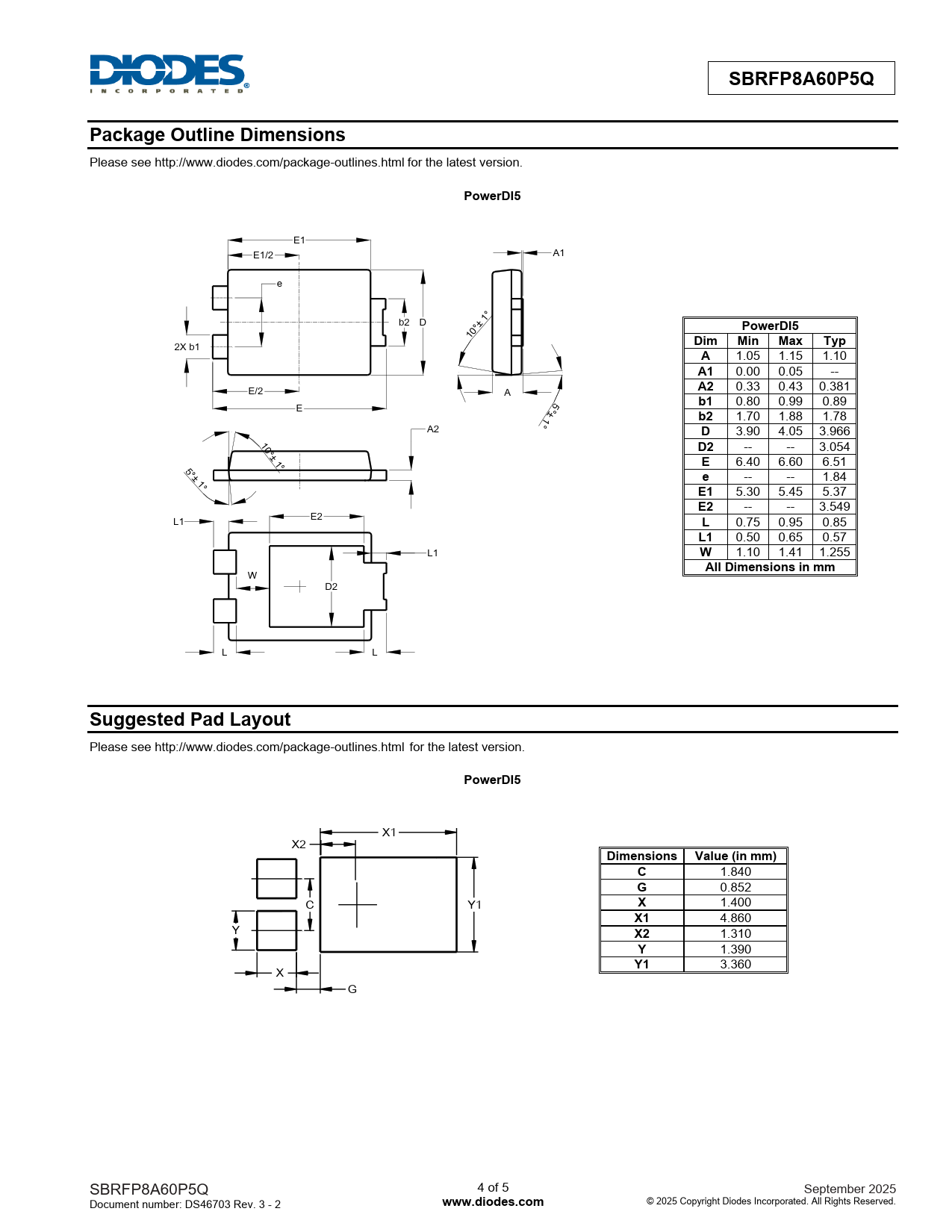 SBRFP8A60P5Q Package Outline Dimensions PowerDI5 Dim Min Max Typ All Dimensions in mm Suggested Pad Layout Dimensions