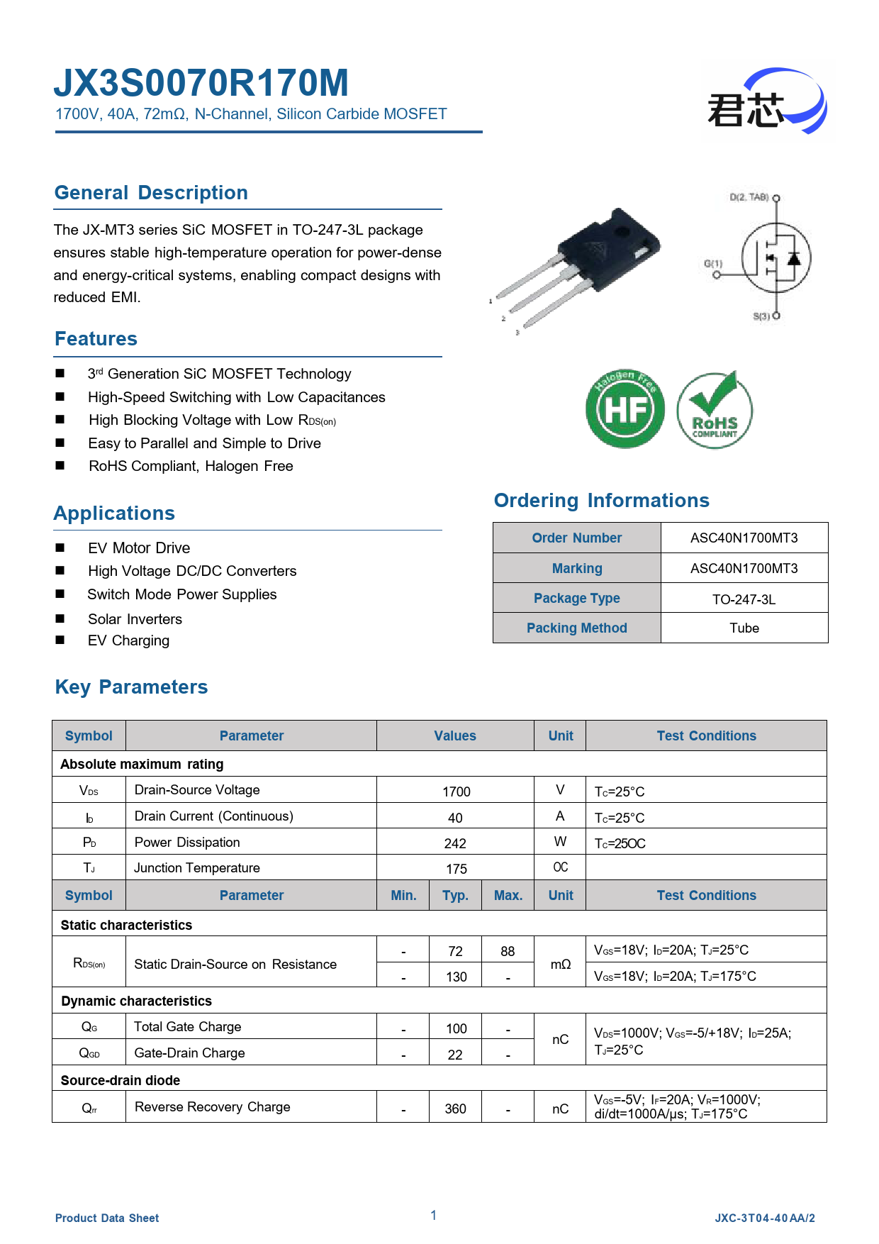 Datasheet JX3S0070R170M JX Semiconductor