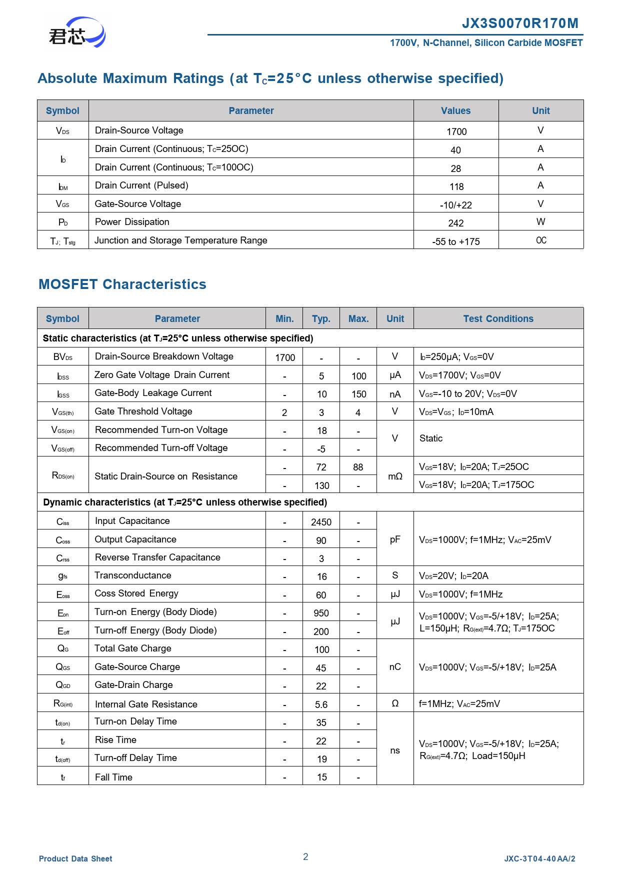 JX3S0070R170M 1700V, N-Channel, Silicon Carbide MOSFET Absolute Maximum Ratings (at TC=25°C unless otherwise specified)