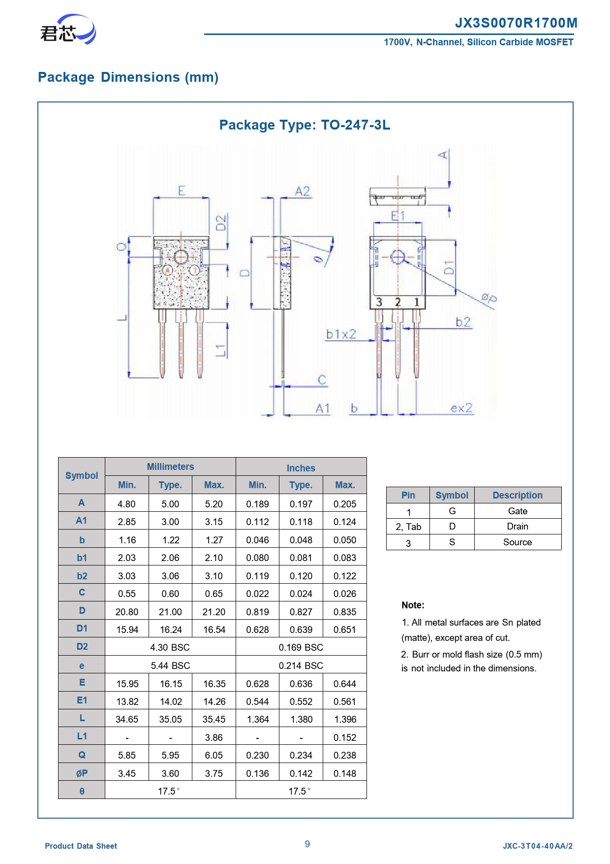 JX3S0070R1700M 1700V, N-Channel, Silicon Carbide MOSFET Package Dimensions (mm) Package Type: TO-247-3L Mil imeters Inches
