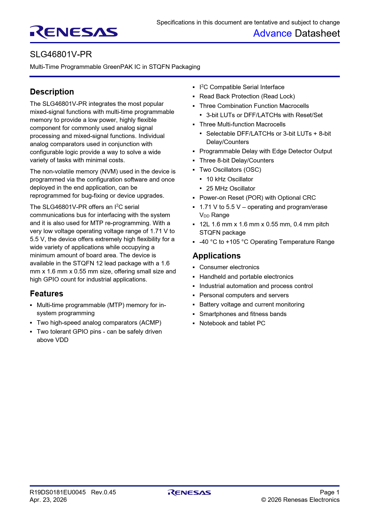 Datasheet SLG46801 Renesas