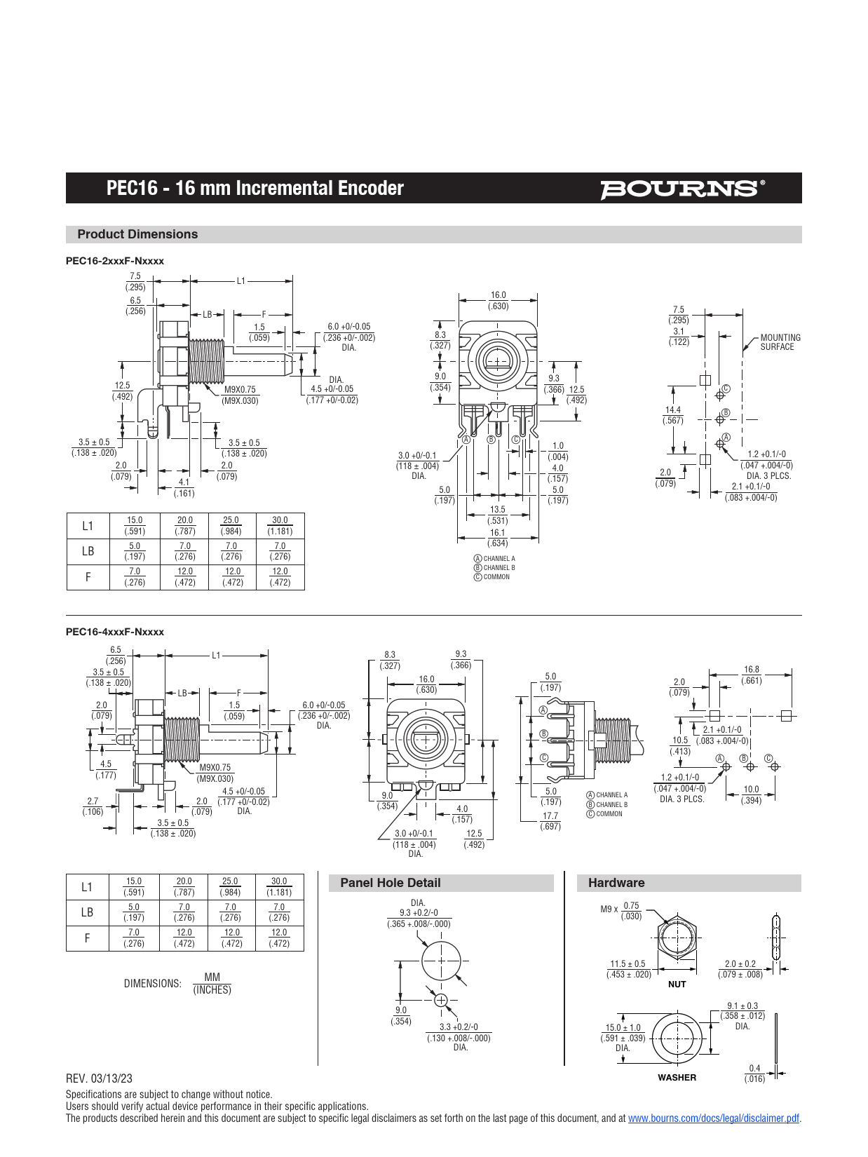 PEC16 - 16 mm Incremental Encoder Product Dimensions PEC16-2xxxF-Nxxxx PEC16-4xxxF-Nxxxx Panel Hole Detail Hardware NUT WASHER
