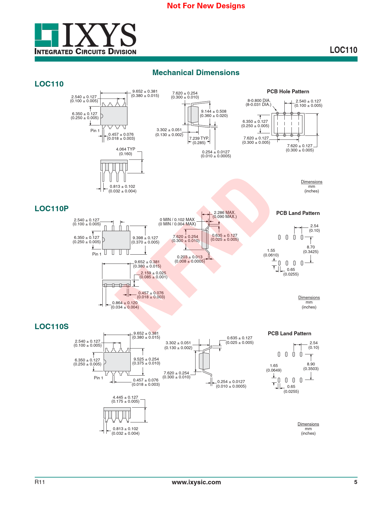 Not For New Designs LOC110 Mechanical Dimensions PCB Hole Pattern LOC110P PCB Land Pattern NFND LOC110S www.ixysic.com